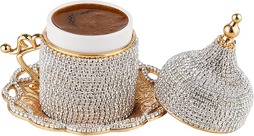 Miniatura 31 de DEMMEX Juego completo para preparar café árabe griego turco con tazas, platillos, tapas, bandeja para azucarero y cafetera de cobre, decorada a mano