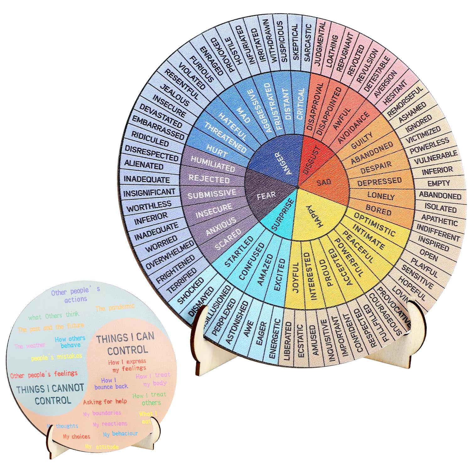 Rueda de Sentimientos de Doble Cara con Soporte | Rueda de Emociones de Madera para Terapeutas y Profesores | Tabla de Sentimientos de Salud Mental para Decoración de Oficinas en Casa
