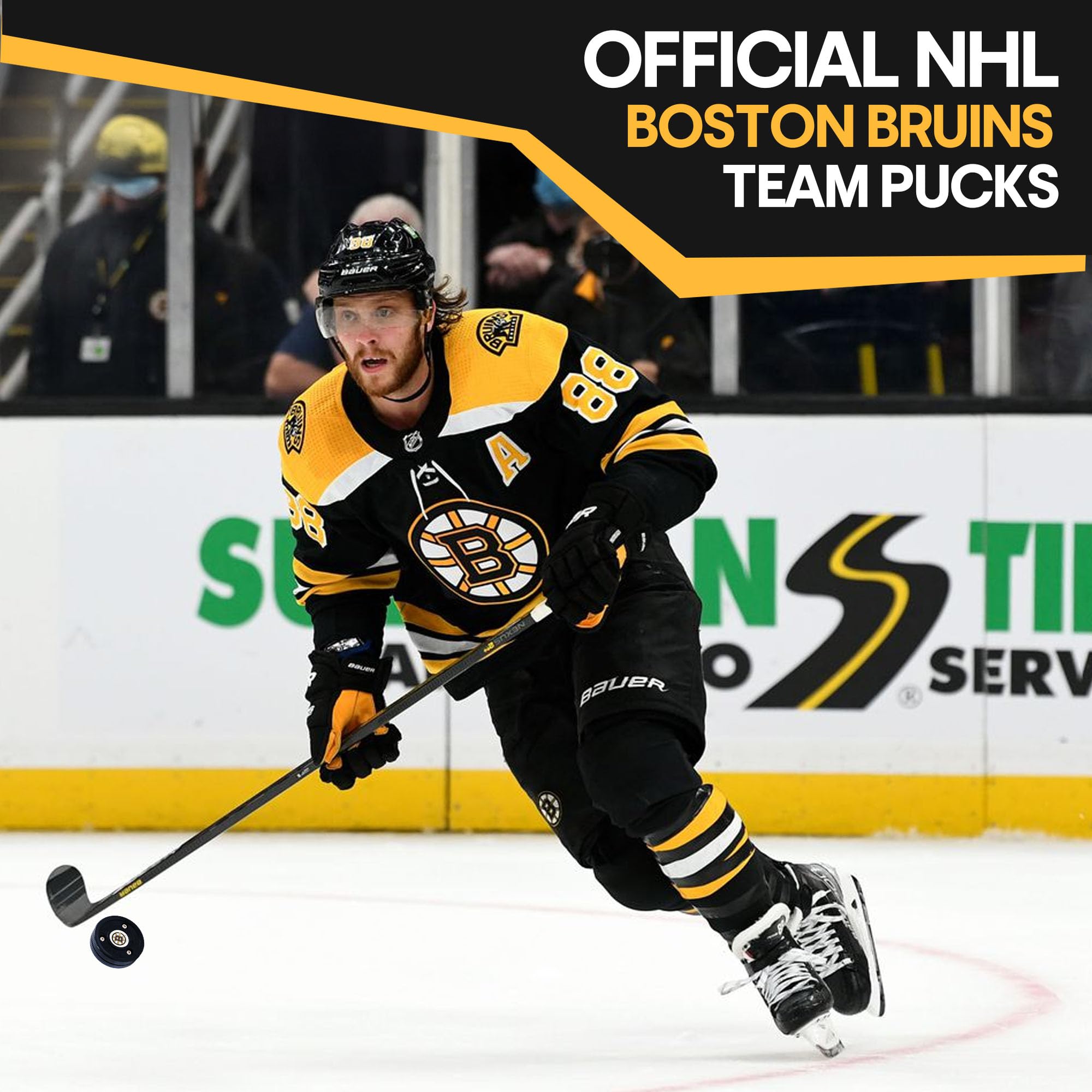 Green Biscuit Hockey Puck - 4 Pack Original Off Ice Hockey Pucks with 1 NHL Puck and GB Stickers - Official Street Hockey Puck to Improve Stickhandling and Passing Skills (Boston Bruins)