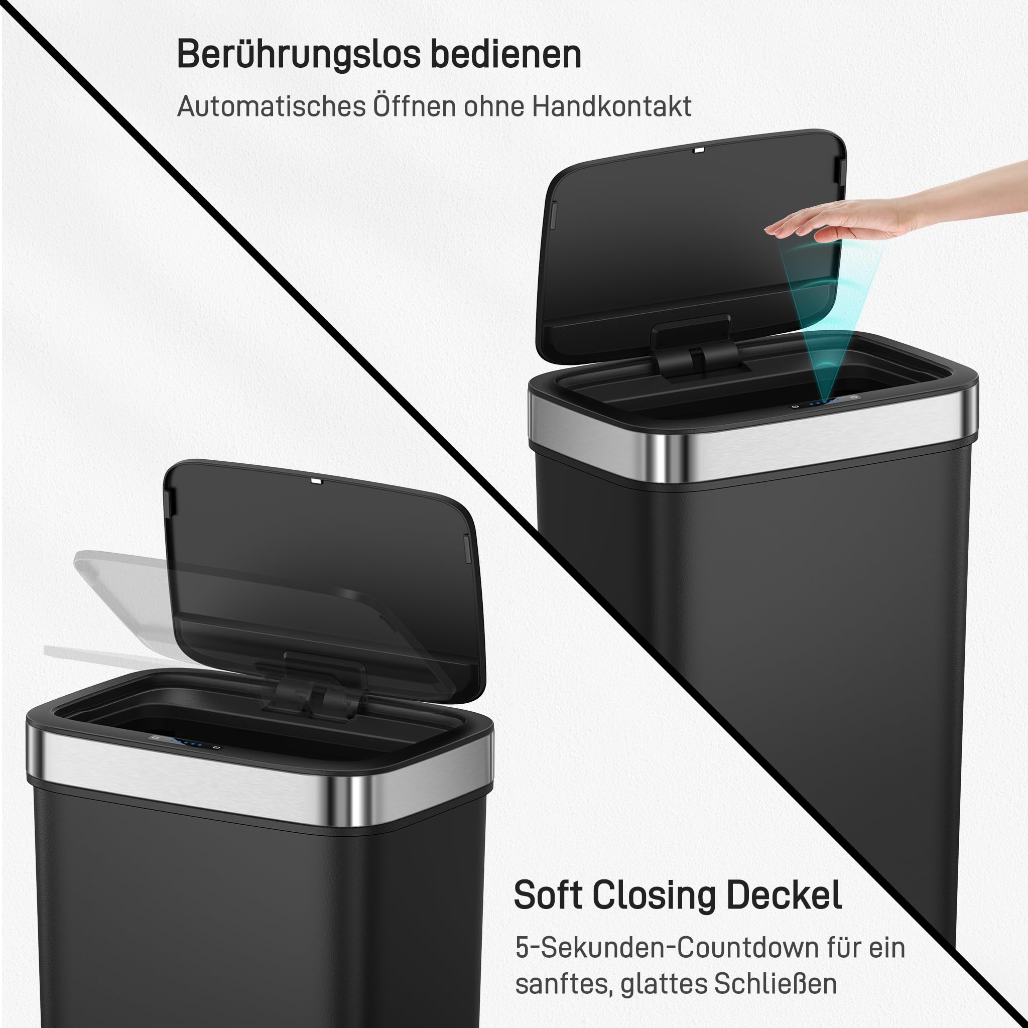 EKO Hana Deluxe 50L Mülleimer mit Sensor, Automatischer Mülleimer Küche, rechteckiger Bewegungssensor Abfalleimer, Soft Closing Deckel, fingerabdruckfrei, elektrischer Mülleimer, Schwarz, Kunststoff