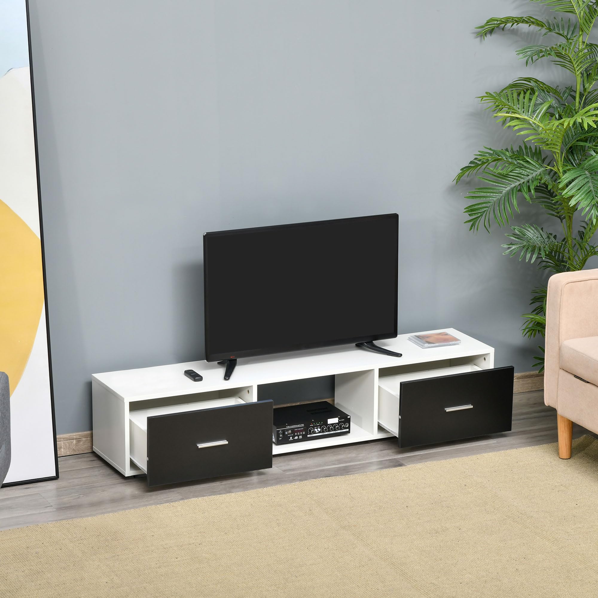 HOMCOM Mueble de TV para 60" con 2 Cajones 140x30x32 cm Blanco y Negro | Mesa para TV de Salón, Estilo Moderno, Compartimento Abierto