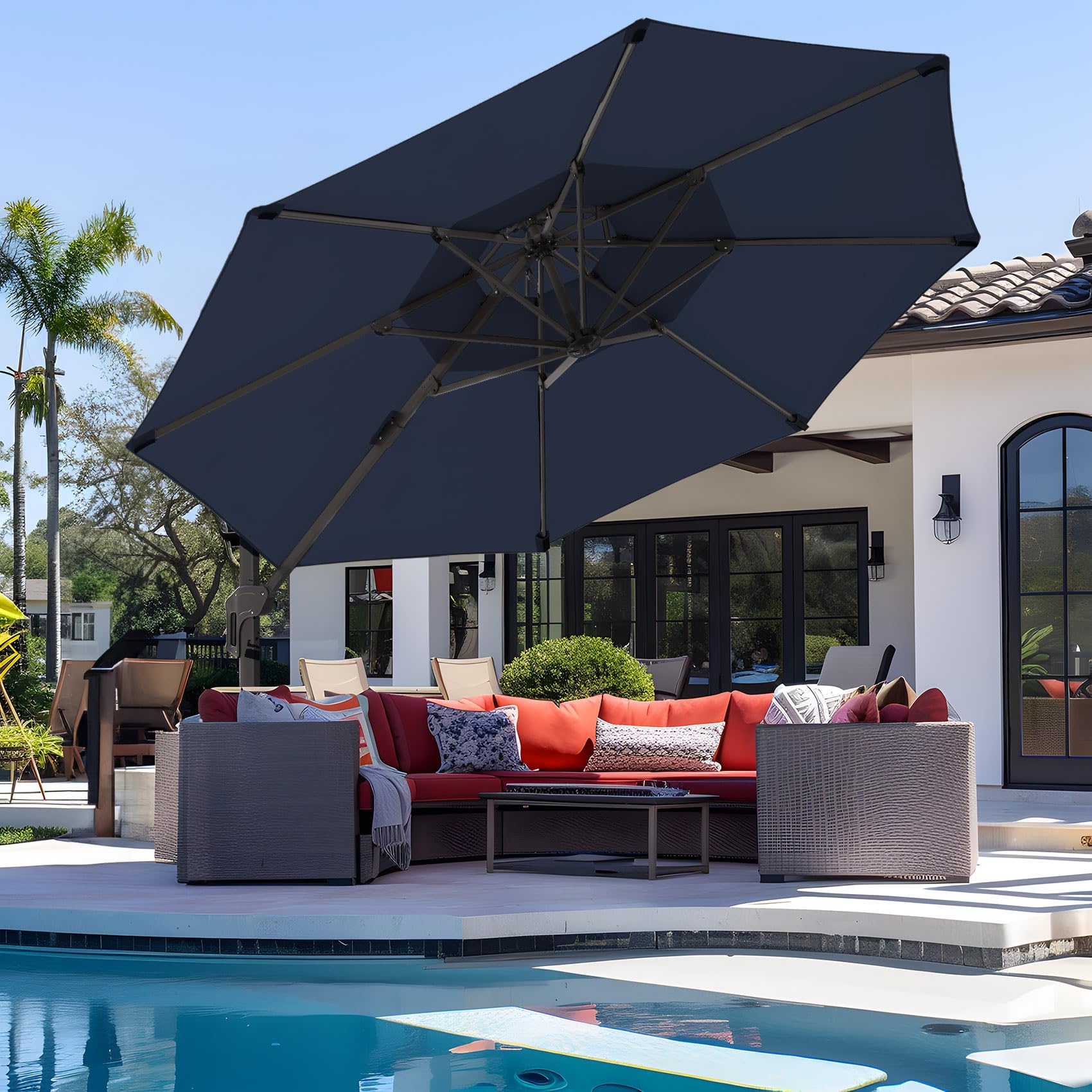 Amazon.com : wikiwiki 11 FT 2 Tires Cantilever Patio Umbrella, Offset Umbrella Outdoor Patio, 6-Level 360°Rotation Heavy Duty Large Umbrella with Cross Base, Navy Blue : Patio, Lawn & Garden