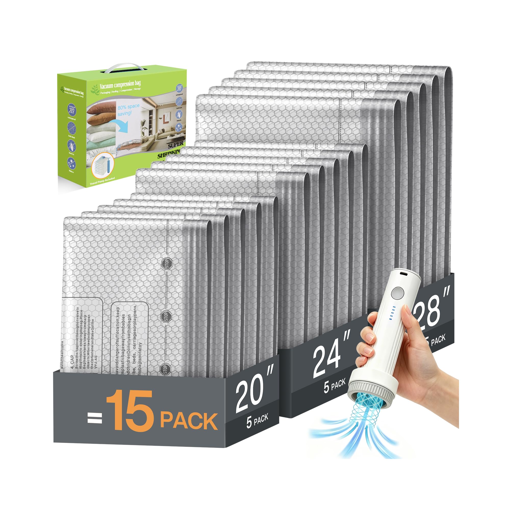 16 Pcs Travel Vacuum Bags with USB Pump (5 L/5 M/5 S Sizes), Space Saver Vacuum Storage Bags With Electric Vcuum Pump, Reusable, Perfect For Storing Clothes