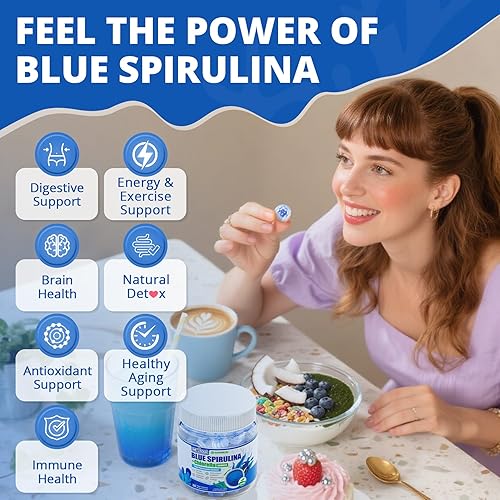 Miniatura 7 de Gomitas de espirulina azul orgánica, alta ficocianina de algas azul-verdes ricas en nutrientes para antioxidantes, energía celular y limpieza,