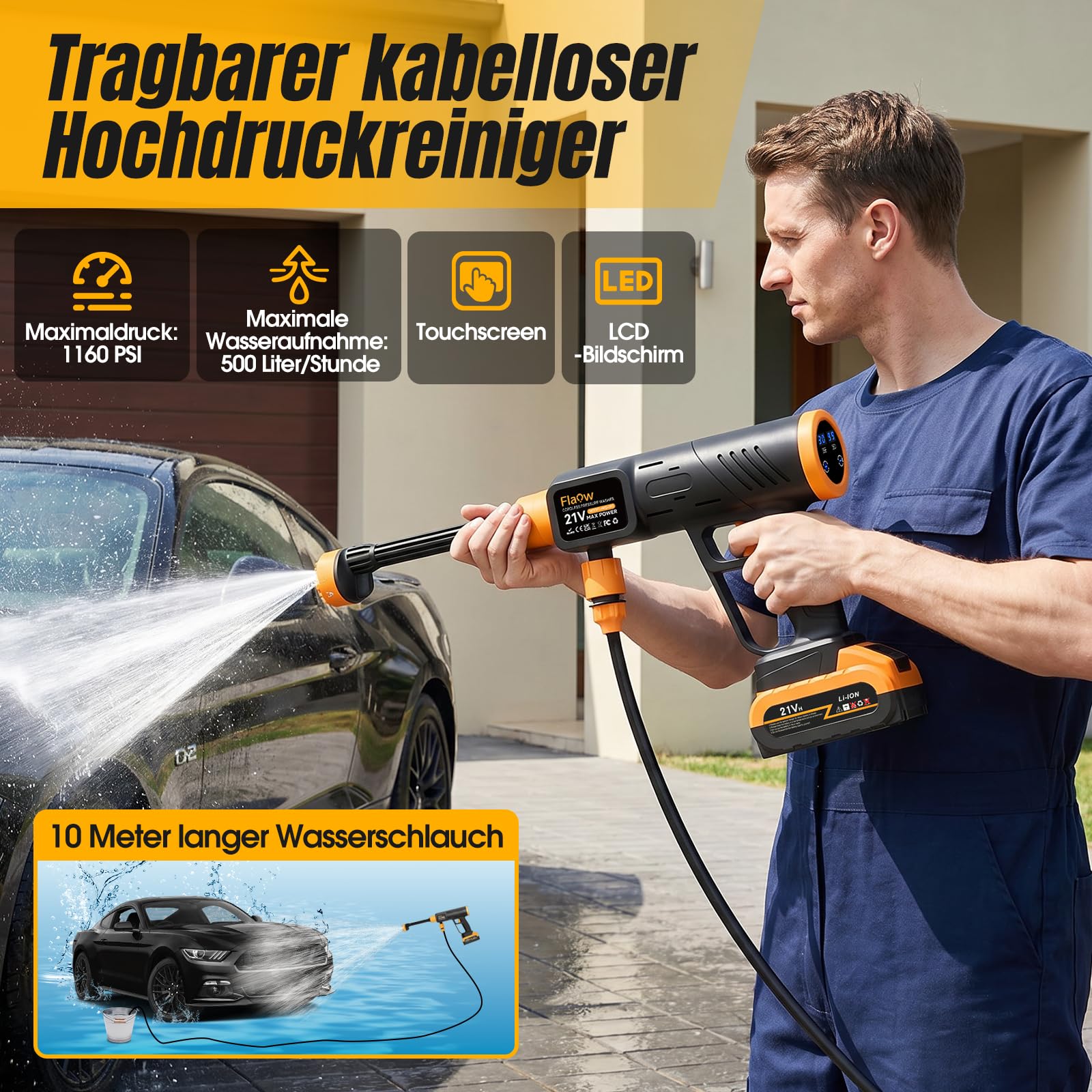 80Bar Idropulitrice a Batteria Collegamento a Rubinetto Diretto, Idropulitrice Portatile Ugello 6 in 1 e Controllo Pressione Regolabile per Giardino, Auto e Pulizie Esterne