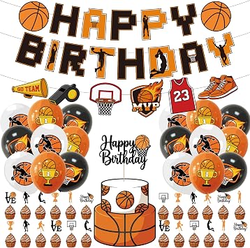 Basketball Happy Birthday Party Decorations - 46Pcs Pre-Strung Basketball Banner, Cake Cupcake Toppers, Balloons, Sports Theme Birthday Party Supplies for Boys Kids Teens Men