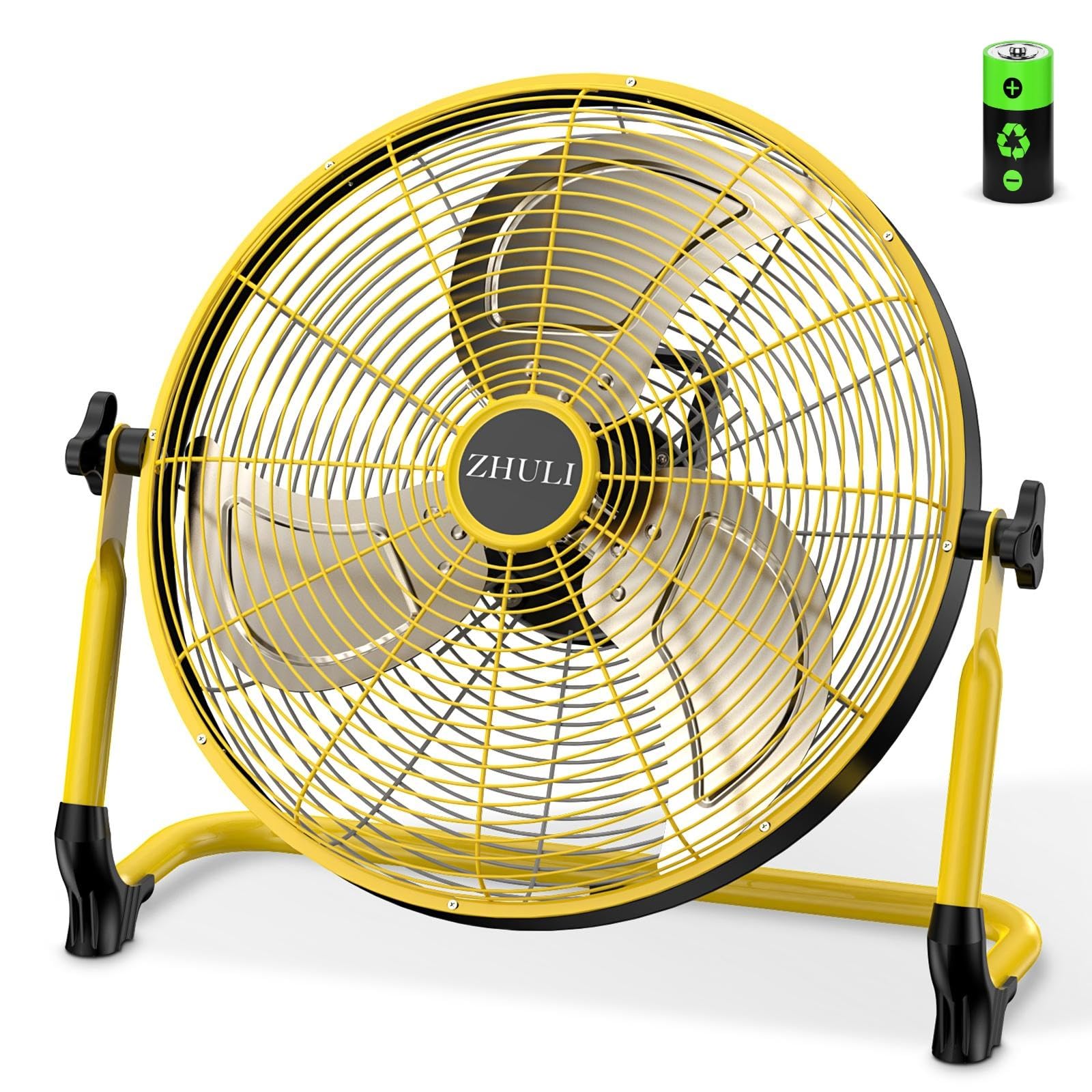 zhuli 14" portable battery operated floor fan, rechargeable cordless camping fan, hi-velocity brushless motor, metal blade, usb phone charge, 8~60h runtime, quiet, wireless, for outdoor home workshop