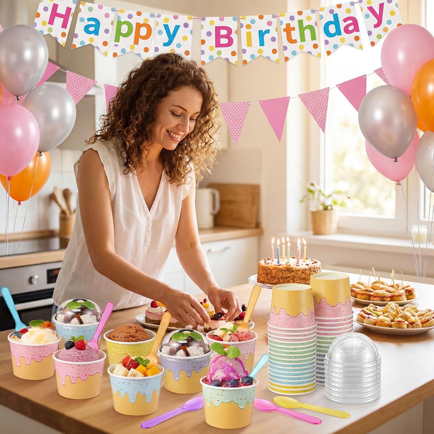 240 Set 6oz Ice Cream Paper Cups with Lids and Spoons, Disposable Sundae Bowls, Dessert Cups for Birthday Party Supplies, Paper Ice Cream Bowls Bulk for Yogurt, Snacks