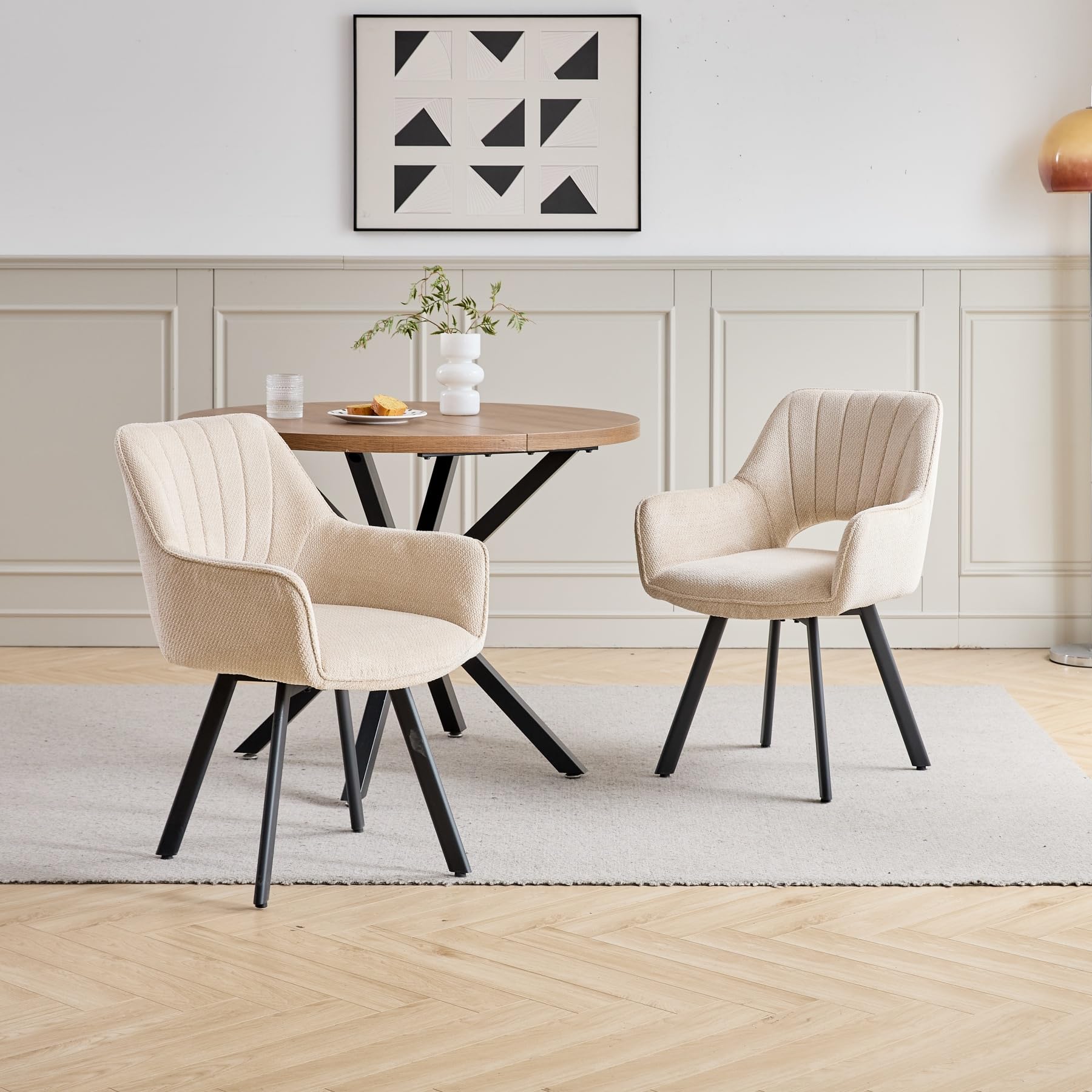 GrandCA HOME Juego de 2 sillas de Comedor giratorias 360° con reposabrazos, tapicería de Lino, Estilo Moderno, Patas de Metal, para Comedor, Sala de Estar u Oficina - Caqui