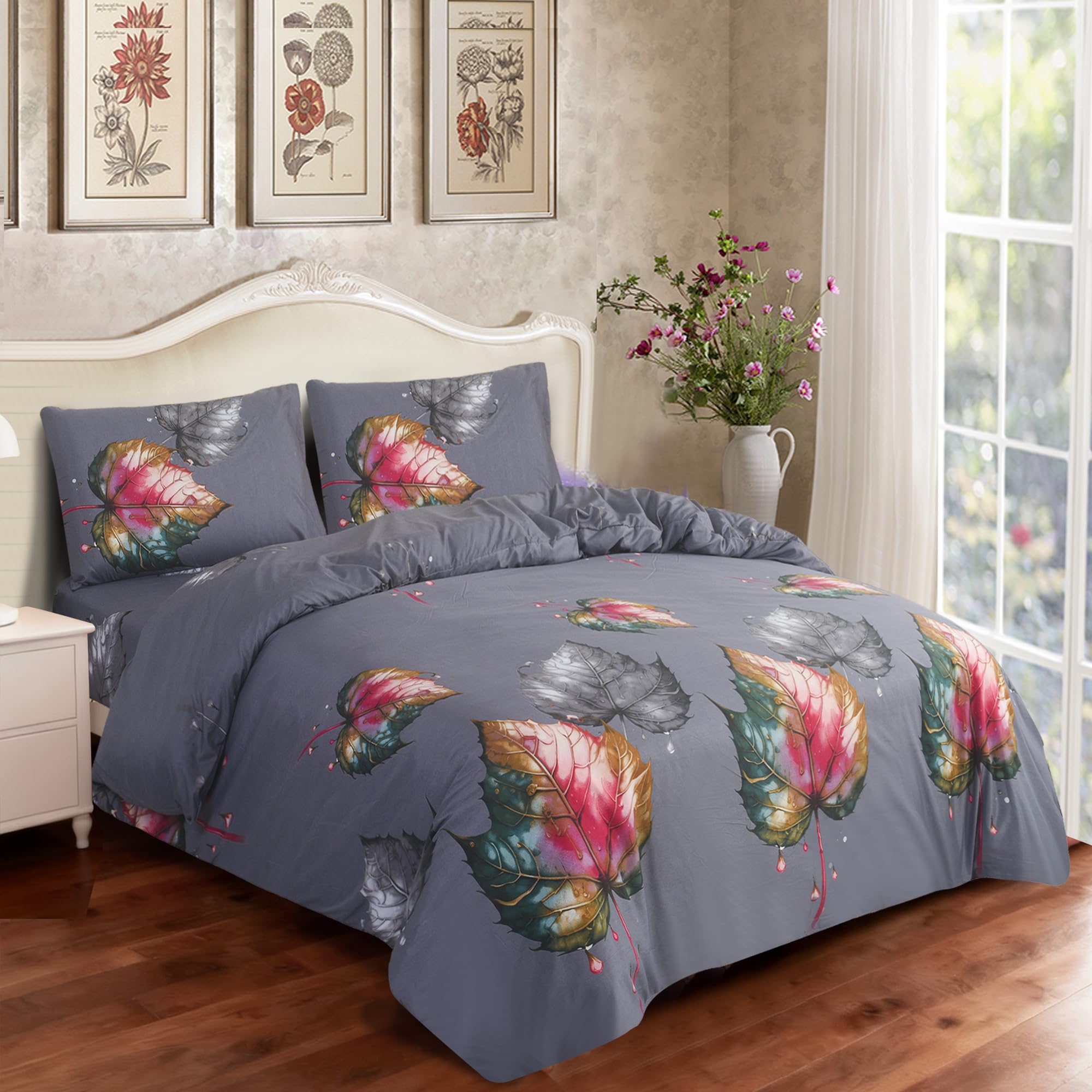 Hadi London 4 PCS 3D Printed Bedding Set with Fitted Sheet Pillowcases Soft Microfiber Duvet Cover Set Luxury Printed Quilt Cover for Single Double King Super King (Autumn Twilight 3D, KING)