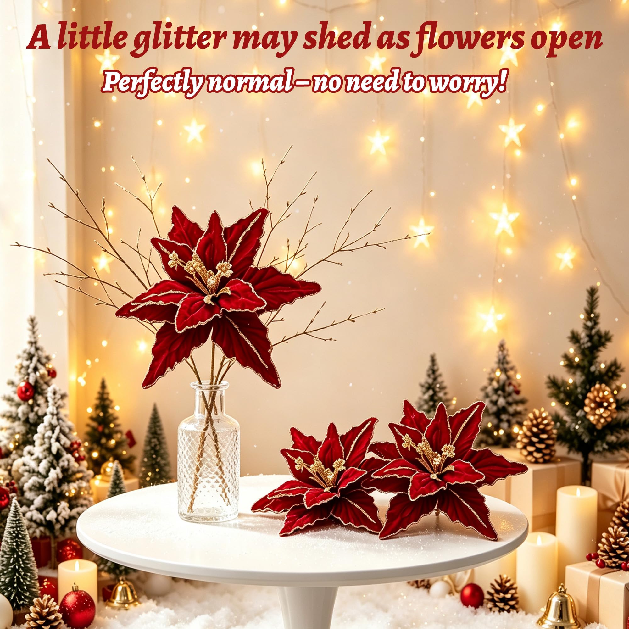 WANDIC 8X künstliche Weihnachtsblumen – Poinsettia 28cm | 8 künstliche Weihnachtsstern-Blumen mit Glitzer (28cm). Ideal als Baumschmuck, Kranzdeko oder Tischdekoration.