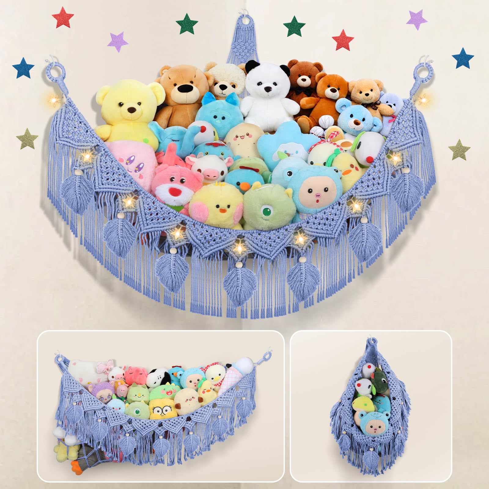 Stofftier-Hängematte, Boho-Blattquasten, Eckspielzeughalter, Wandmontage, Hängenetz-Organizer für Kinderzimmer, Dekoration, Plüschtiernetz mit Lichterkette für Jungen und Mädchen, Himmelblau