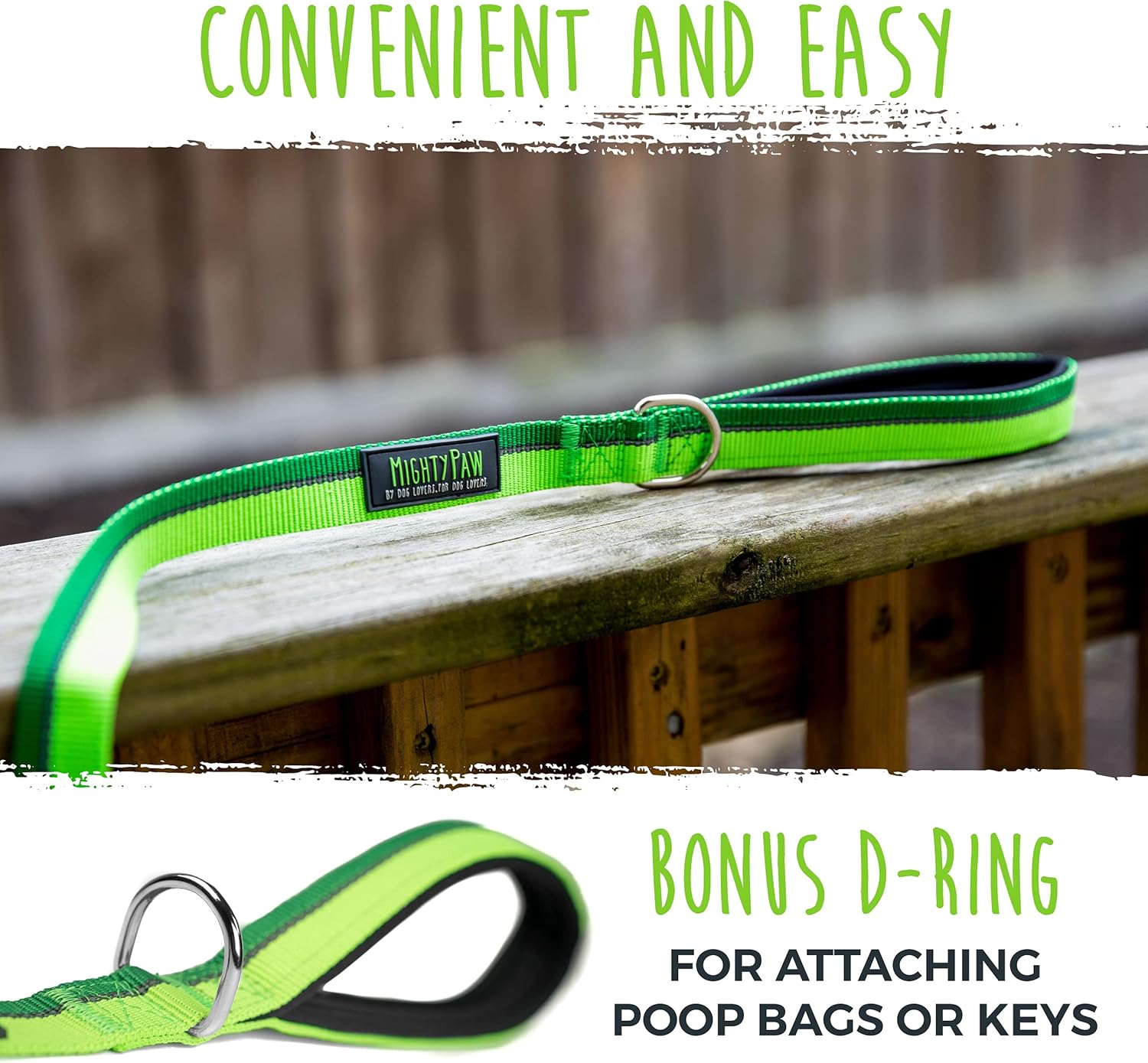 Mighty Paw Standard Dog Leash | 6 Foot Dog Lead with Soft Padded Handle. Bonus D-Ring and Strong Carabiner Clip for Pullers. High Visibility Weatherproof Pet Leash with Reflective Stitching (Green) : Pet Supplies
