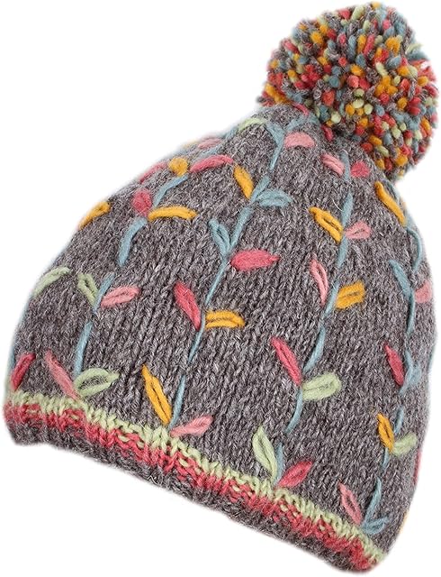 Women Wool Beanie Bobble Hat Fleece Lined Handknitted Flower Embroidered Grey One-Size Handmade Extra Warm Pachamama Fair Trade