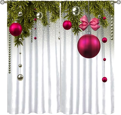 SENRUEGT Cortinas de Navidad, color verde y rojo, diseño tradicional de temporada de invierno, ramitas de abeto y bolas vibrantes, impresión