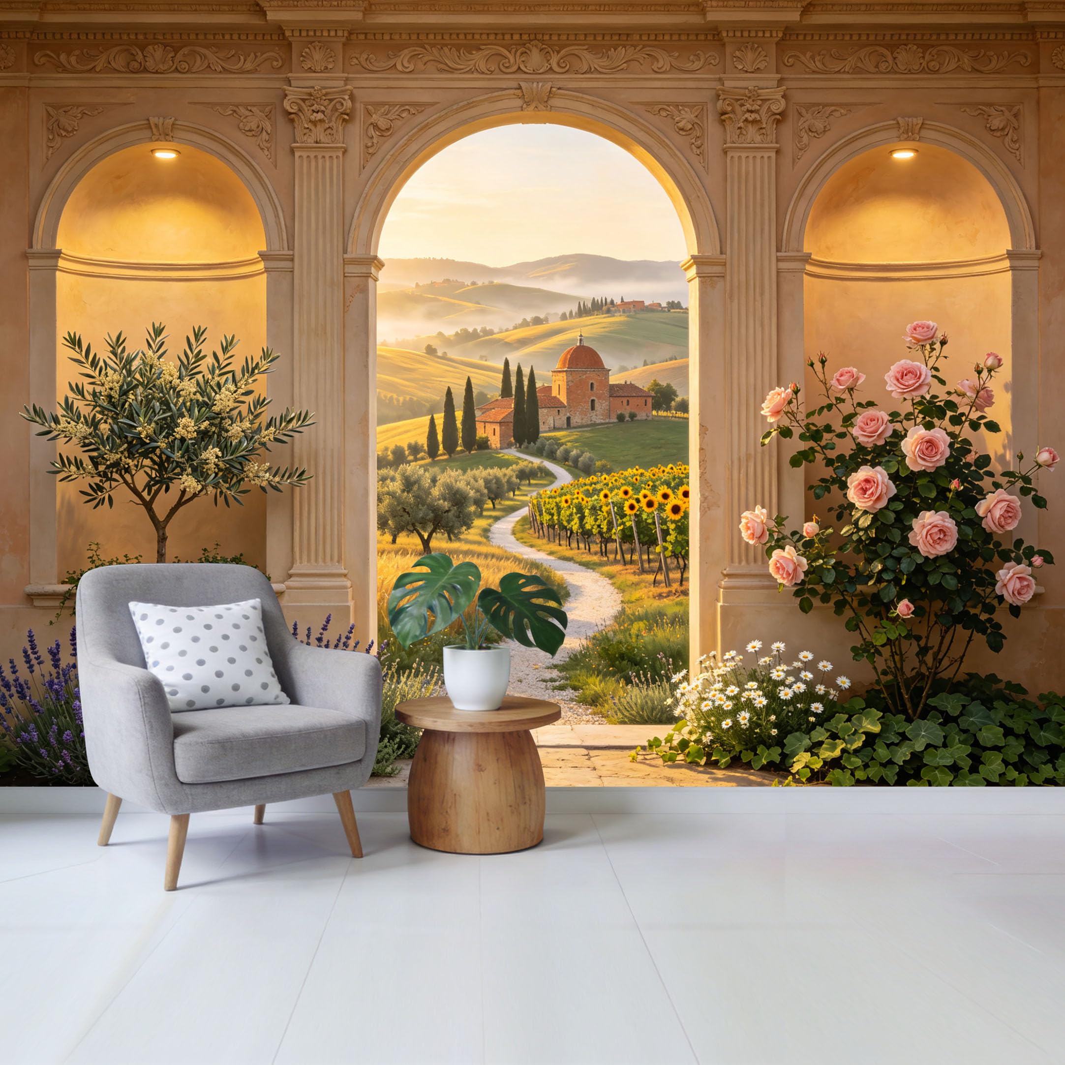 Custom Size Wall Mural Tuscany Landscape Arch View Vineyard Sunflower Garden Removable Self Adhesive Fabric Home Wall Decor for Living Room Bedroom Bathroom