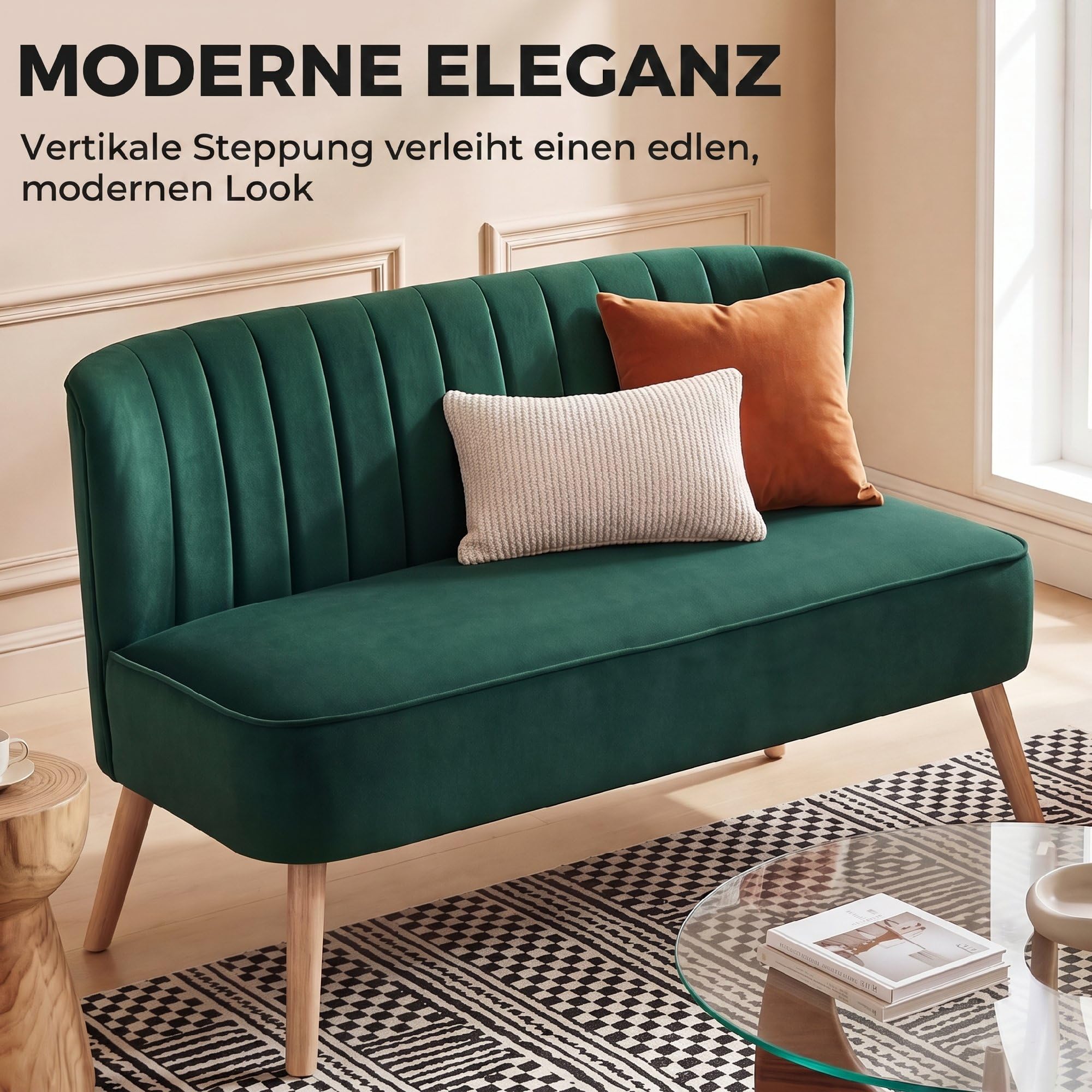HOMCOM Sofa 2 Sitzer Couch, Kleine Loveseat mit Samt-Optik Modern Polstersofa für Wohnzimmer, Schlafzimmer, kleinen Raum, Dunkelgrün 117 x 56,5 x 77 cm