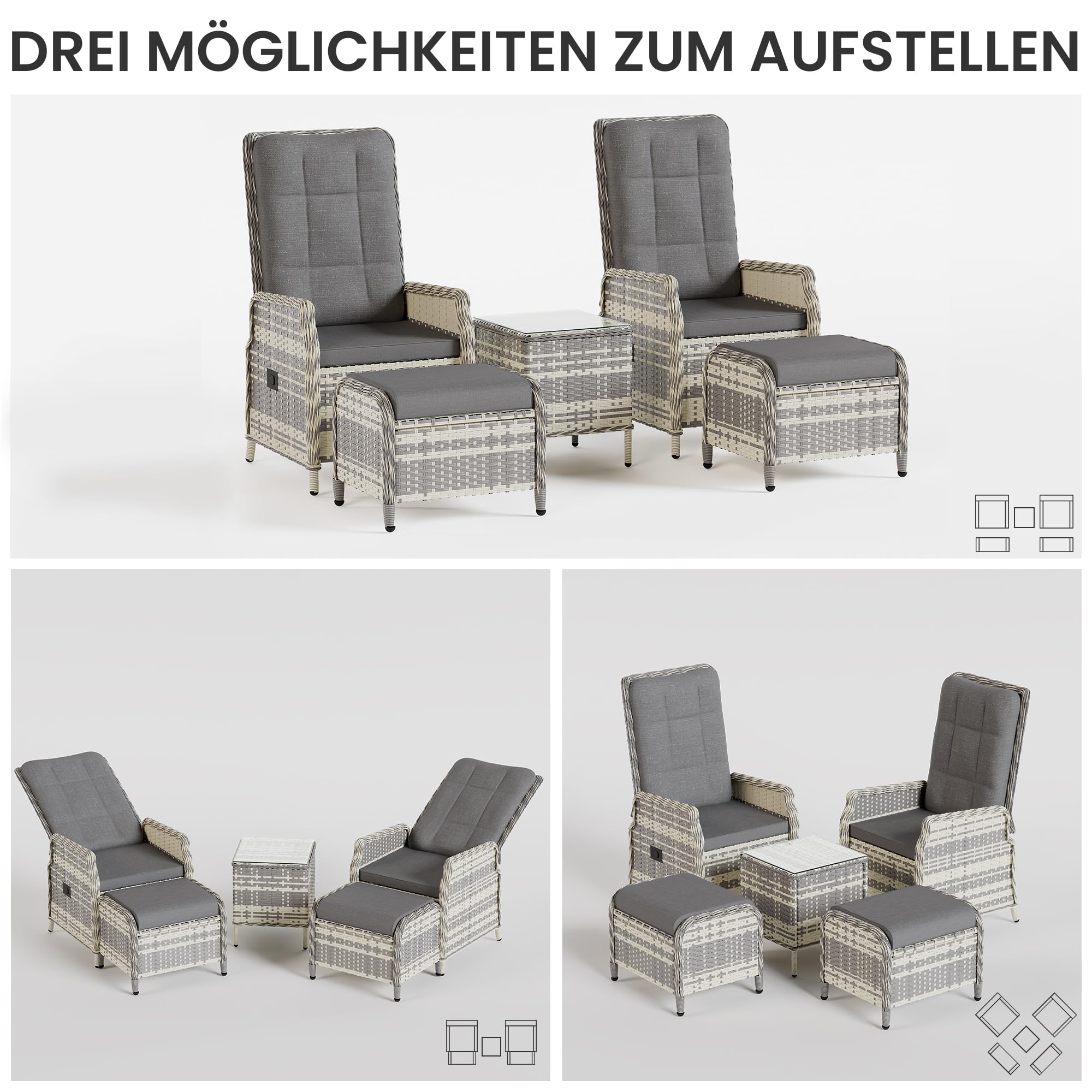 Gotland Rattan Gartenmöbel Set Lounge Möbel Outdoor, Verstellbares 2-Sitzer Terrassen/Balkon möbel Set mit 118° Rückenlehne & Fußhocker, Hochwertige Polster & Glastisch, Gartengarnitur Wetterfest