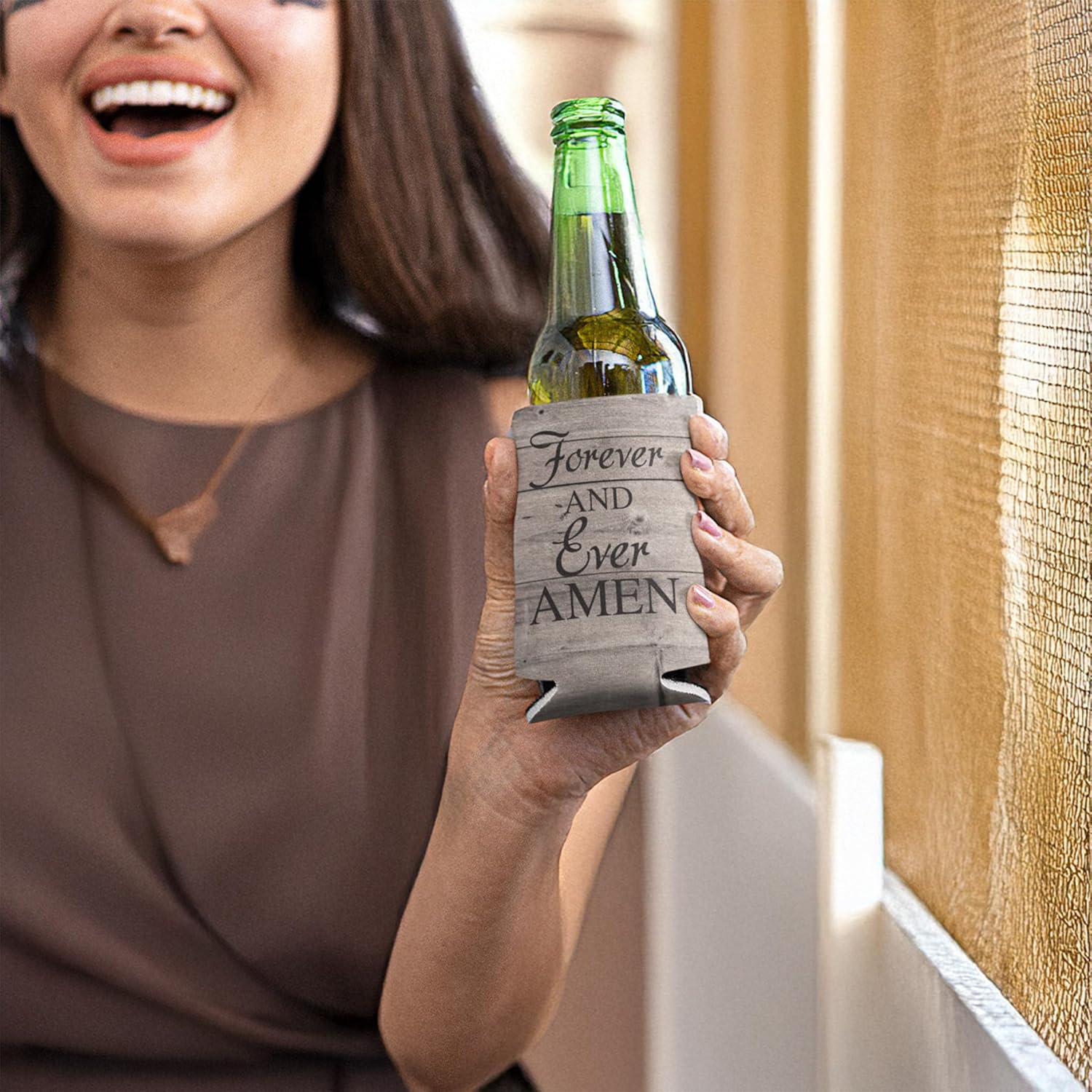 VictoryStore Rustic Wedding Can Coolers – Custom “Forever and Ever Amen” Design – Personalized Party Favors for 12-16oz Cans – Set of Customizable Drink Sleeves – Made in USA, Set of 100