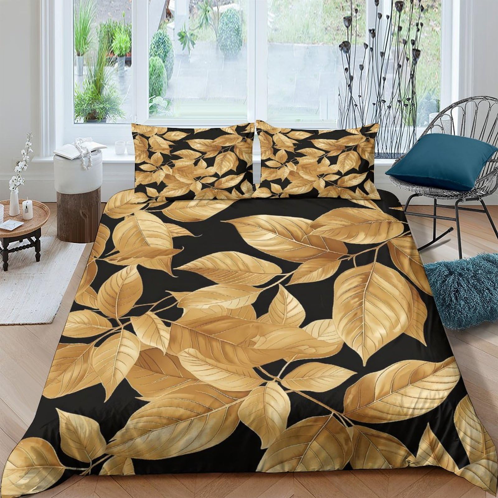 Ctjqhvkz Style-1 3D Printed Golden Leaf Fitted Sheet Microfiber Black Botanical Bed Cover For Bedroom Guest Room Dustproof Washable Single（135X200cm）