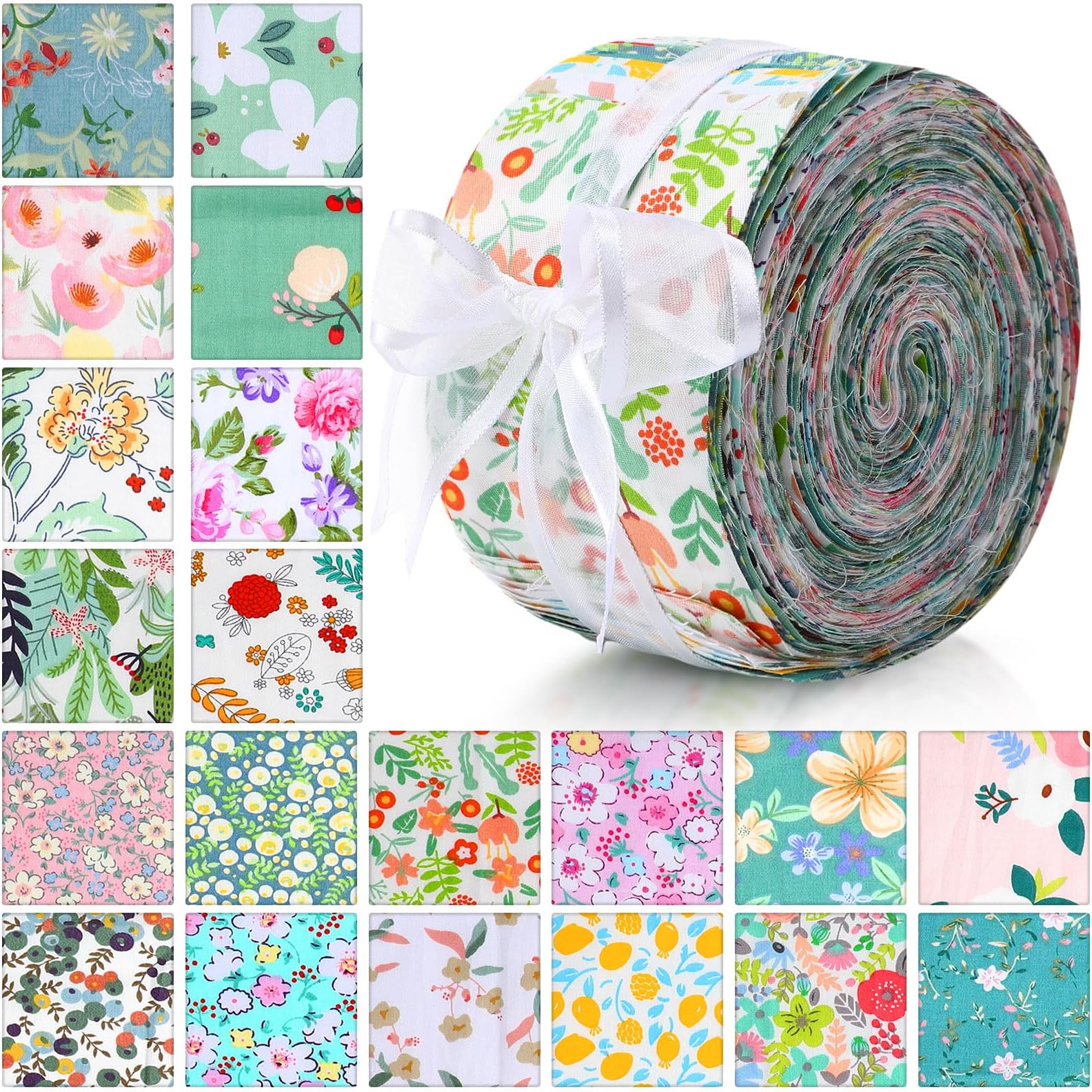 Peryiter 40 Pcs Cotton Jelly Fabric Roll Quilting Strips Different Patterns Patchwork Craft Sewing Supplies for Quilters Crafting Sewing DIY Crafts, 39.37 x 2.56 Inches(Floral)