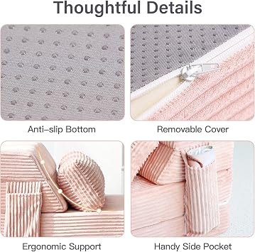 Folding Sofa Bed with Pillow, Corduroy Convertible Sleeper Chair (Pink, Nearly Single)