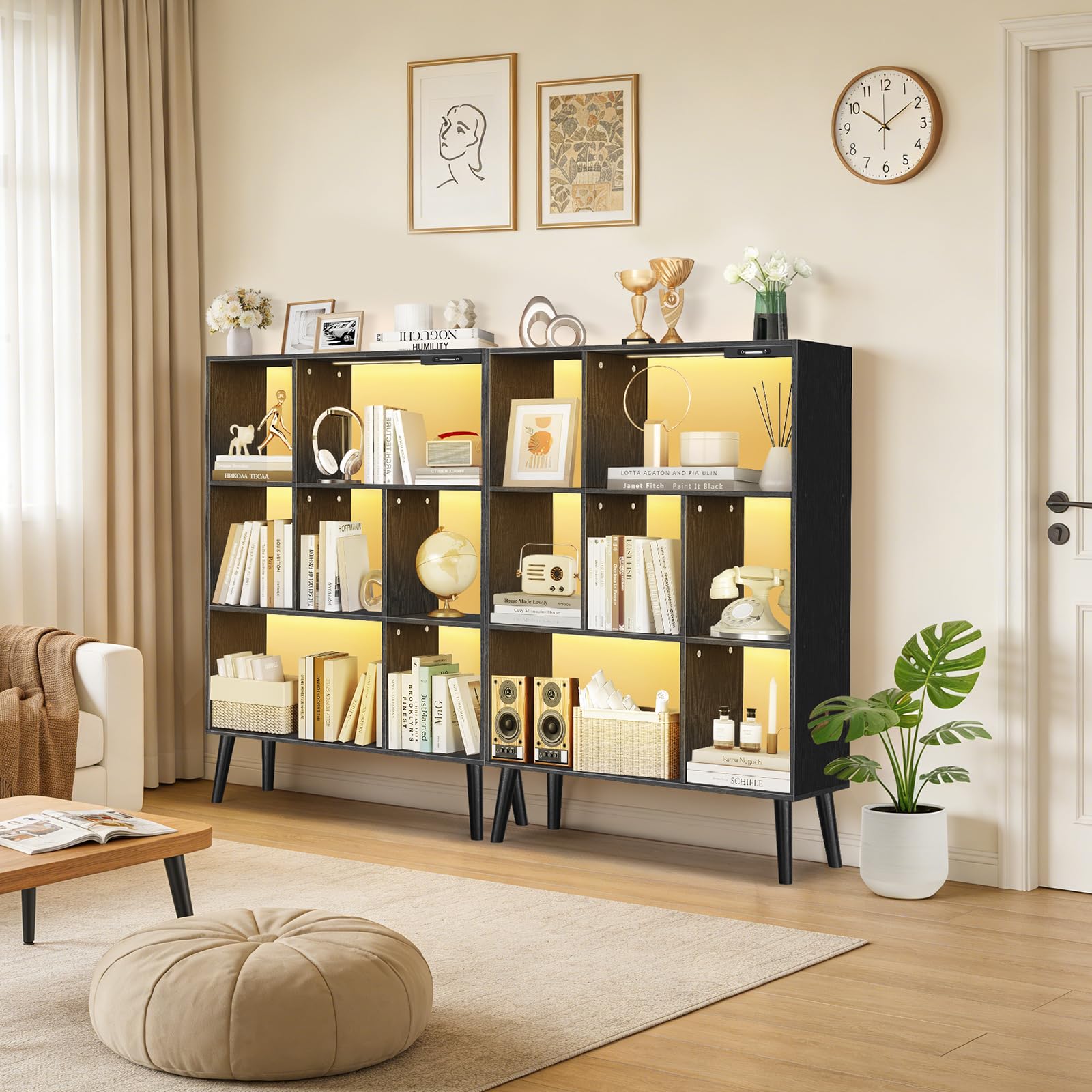 Libreria a 7 Cubi con Luci LED, Controllo Touch e Telecomando, Scaffale Moderno a Terra Dimmabile, Organizer in Legno Aperto per Soggiorno, Camera da Letto e Ufficio