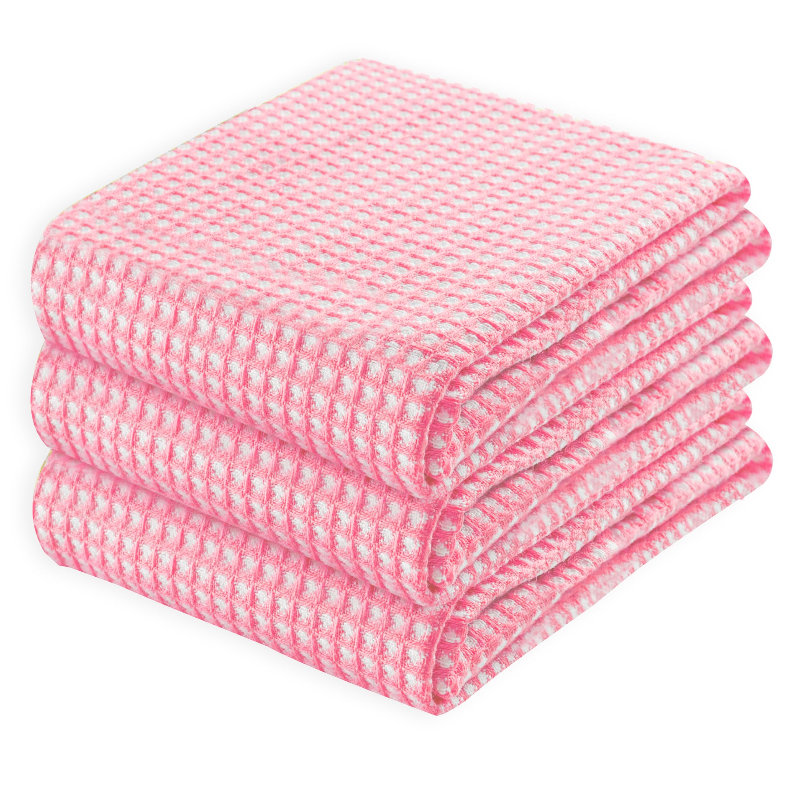 HEIRLOOM COMFORT 100% Cotton Waffle Kitchen Towels - Pack of 3 Absorbent & Quick-Drying Dish Towels - Soft Tea Towels for Drying, Cleaning, Cooking - Washable, Durable, Reusable - 66x40 cm, Pink