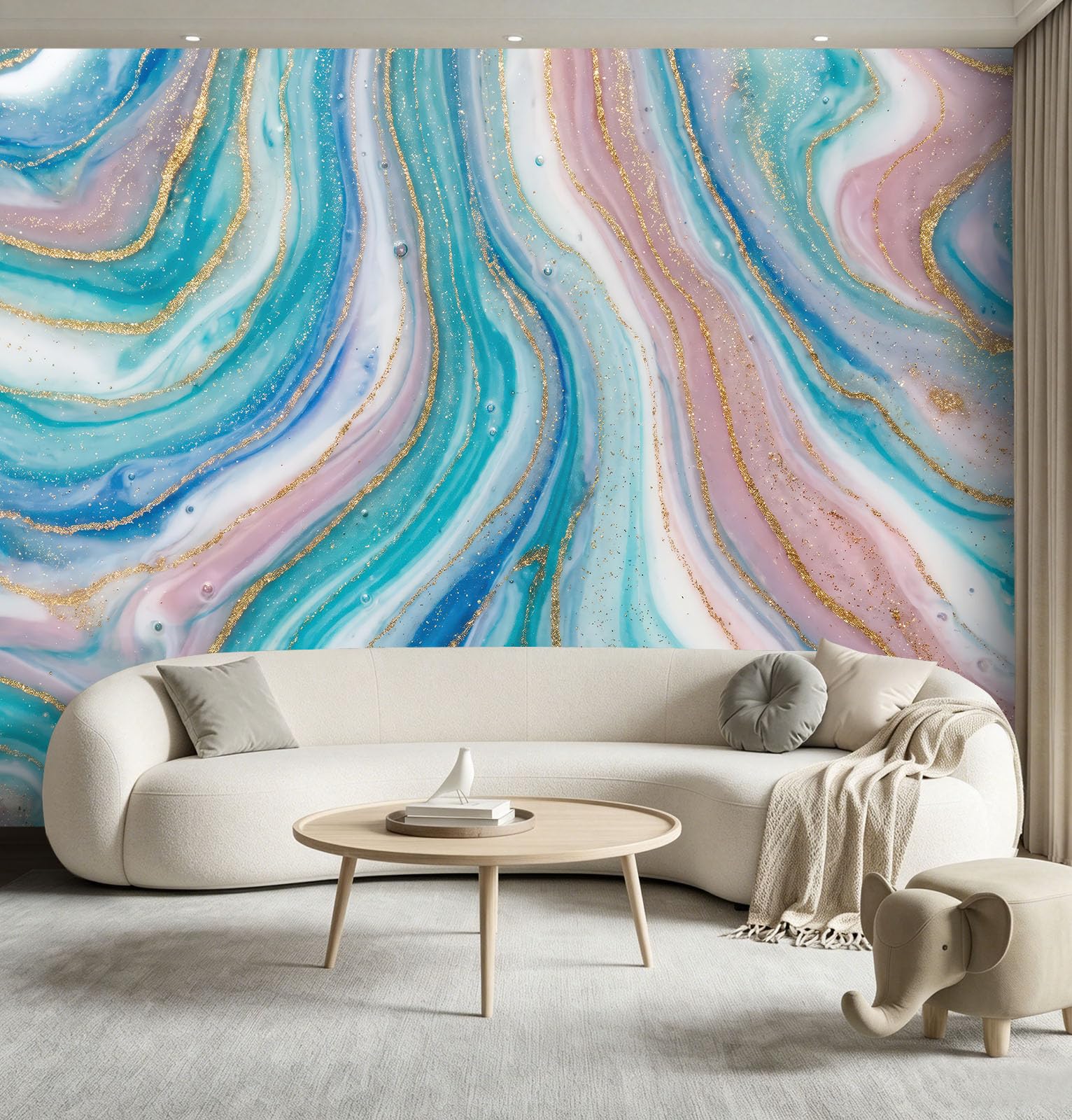 Papel pintado 3D panorámico de lujo discreto, efecto acuarela curvo póster, 250 x 175 cm (L x H) Papel pintado no tejido de pared para salón de niños, sofá TV fondo decoración, rosa azul