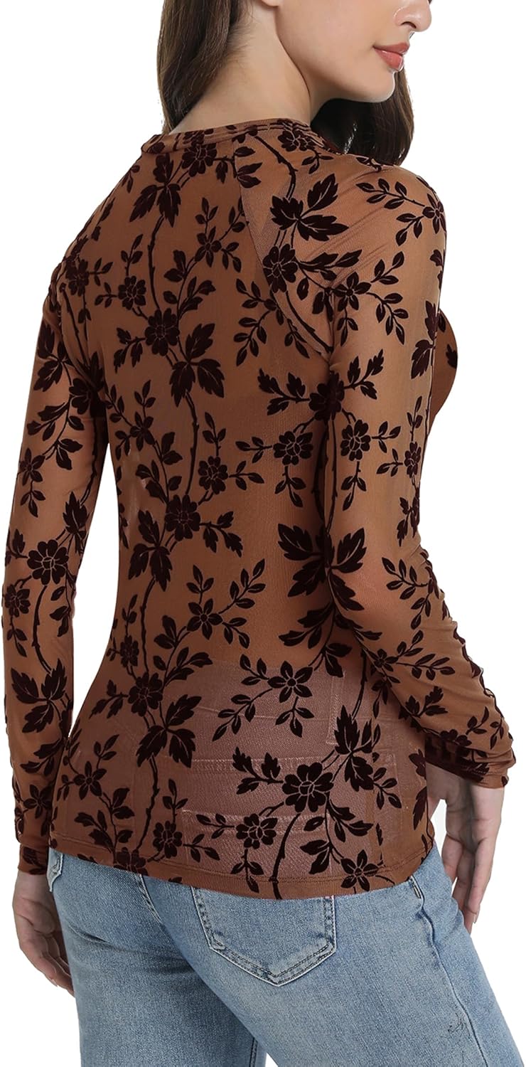 Floral Mesh Top for Women Crew Neck Long Sleeve See Through Tee Shirts Fitted Sexy Going Out Tops - Image 5