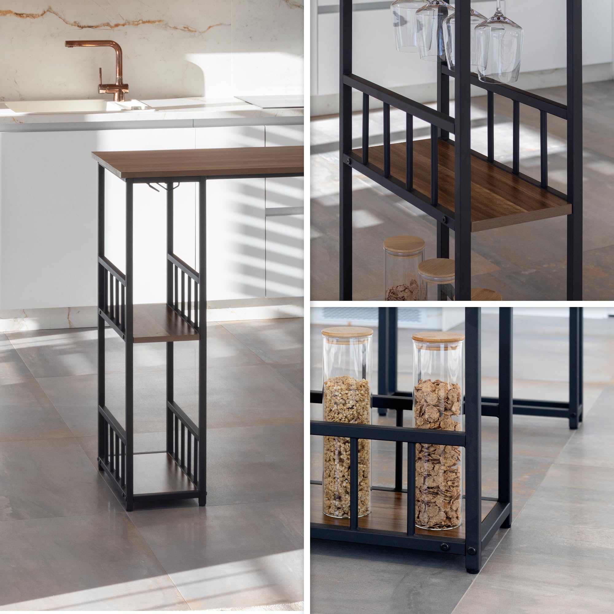 Gavin Mesa de Bar 110x50 cm | 105 cm de Altura | con 2 estantes y portavasos, Estructura de Acero, fácil de Montar, Estilo Industrial, Color Nogal