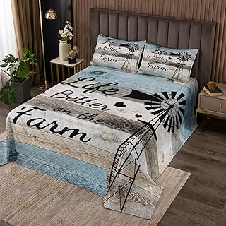 Country Farm Quilt Set Queen For Kids Boys Girls,Windmill Silhouette Coverlet Set Rustic Farmhouse Bedspread Set Patchwork Blue Grey Brown Barn Door Bedding Set Western Room Decor 2 Pillow Cases