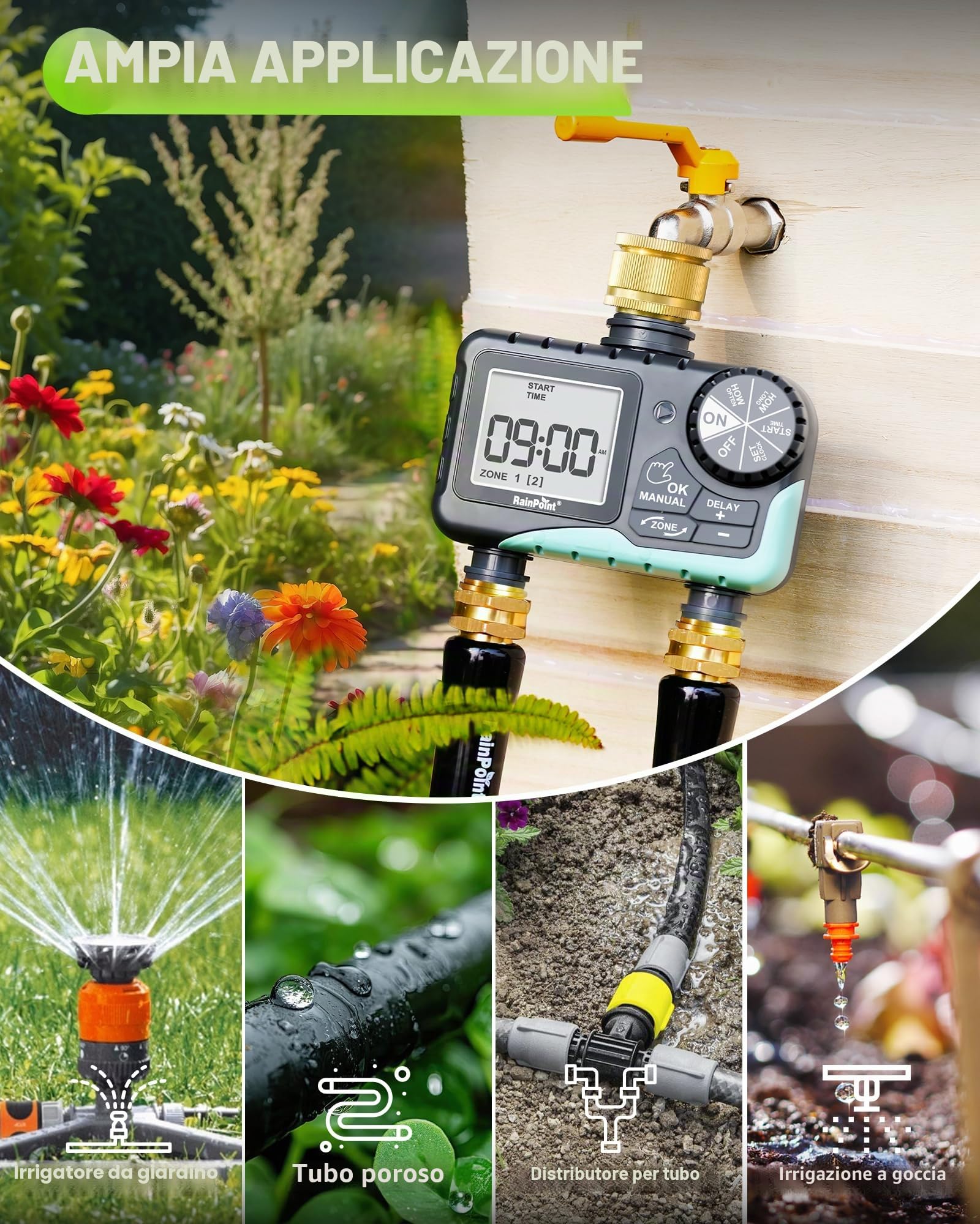 RAINPOINT Centralina Irrigazione 2 Vie, Ingresso e Uscita in Ottone, Timer Irrigazione Automatica Impermeabile IP65 con Ritardo per Pioggia/Bewässerung Manuale, per Prato e Giardino