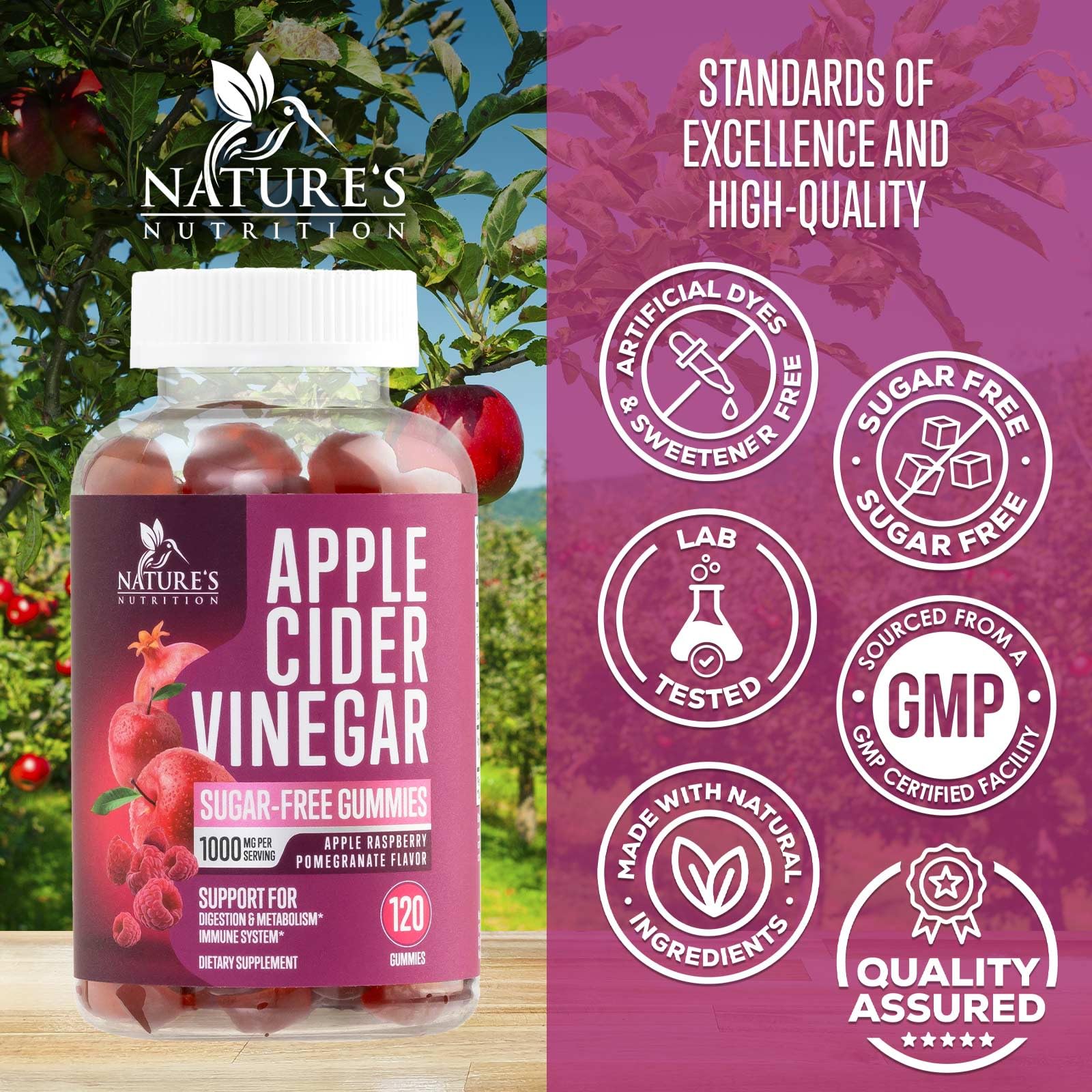 Apple Cider Vinegar Gummies 1000mg - Sugar Free Max Strength ACV Gummy Vitamins Supplement, Advanced Formula, Vitamin B12 Supports Metabolism & Energy - Keto Friendly, Vegan, Gluten Free - 120 Gummies — Amazon image 4