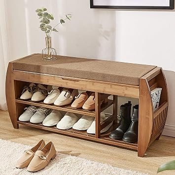 Bamboo Shoe Rack & Shoe Bench, Entryway Storage Organizer, Multi Function for Hallway Bathroom Living Room Corridor and Garden, Detachable Cushion with Hidden Storage Compartment 40.218.311.2
