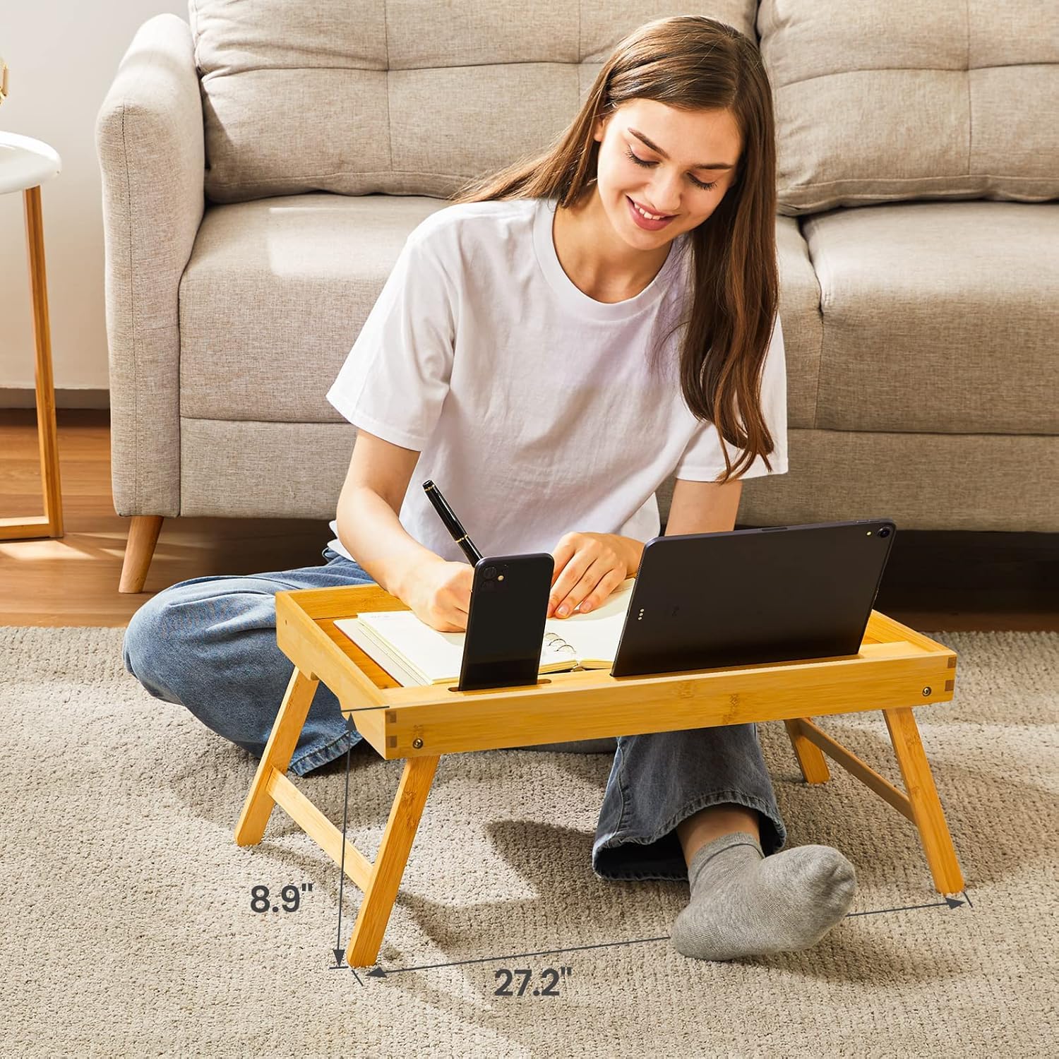 Mesa Bandeja de Bambú para la Cama, Bandeja Grande para el Desayuno con Patas Plegables, Bandeja Multiusos para Servicios, Uso como Bandeja Portátil para Portátil, Comer Pipishell (55x35.5x23cm)