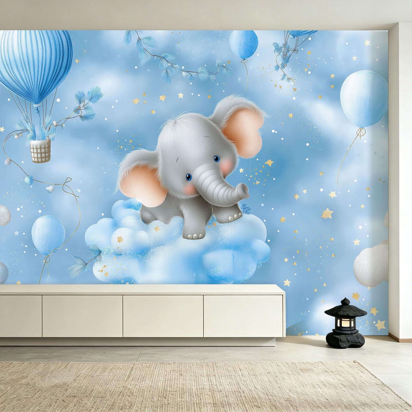 Panoramiczna tapeta bajkowe gwiaździste niebo - fototapeta z włókniny idealna do salonu sypialni i pokoju dziecięcego, uroczy balon słoń dekoracja ścienna do wnętrz 300 x 210 cm