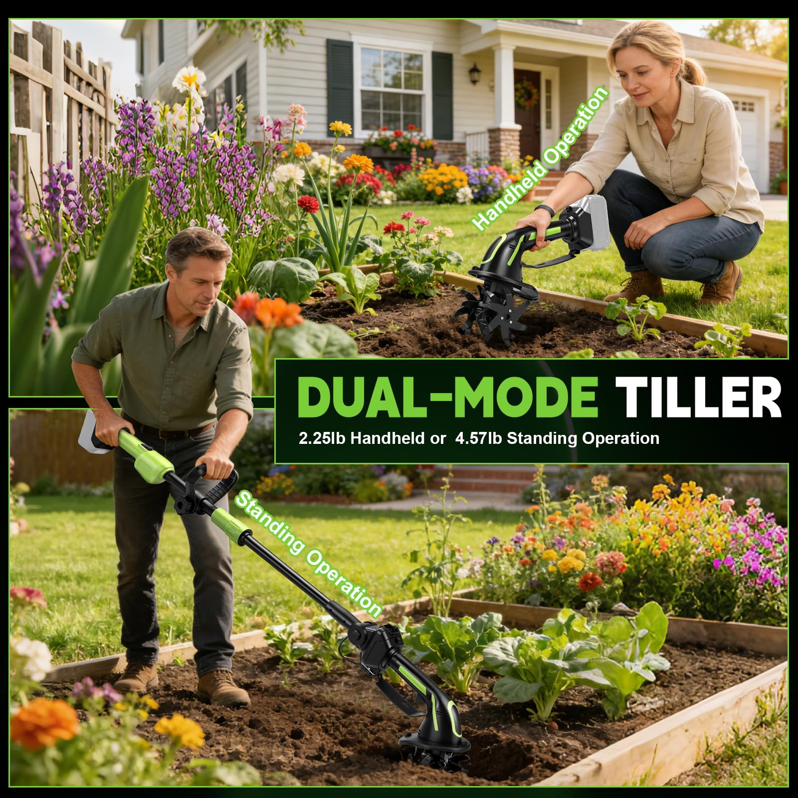 Akku-Hand Bodenhacke, kompatibel mit Makita 18V Akku (ohne Batterie), 550W Elektro Gartenfräse mit 10 cm Frästiefe und 10 cm Fräsbreite, Ackerfräse (mit 1m Stange)