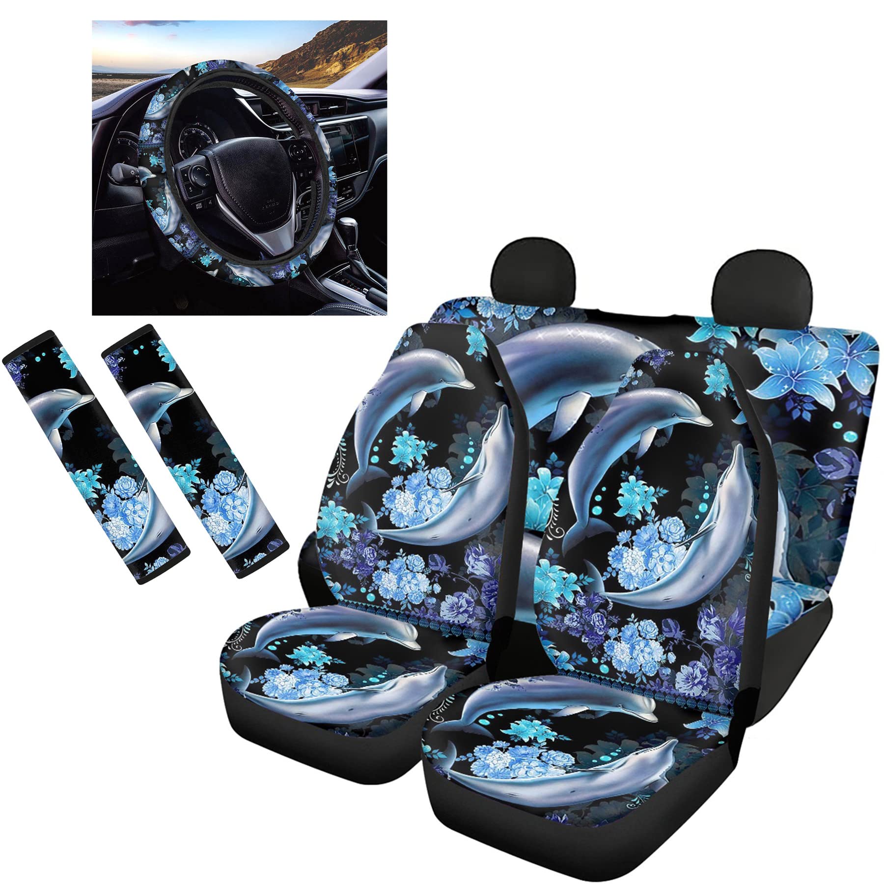 Pack of 7 Auto Front Driver Seat Pad and Rear Bench Cover Full Set,Blue Dolphin Flower Design Softy Steering Wheel and Seat Belt Cushion Universal Fit Most Vehicle