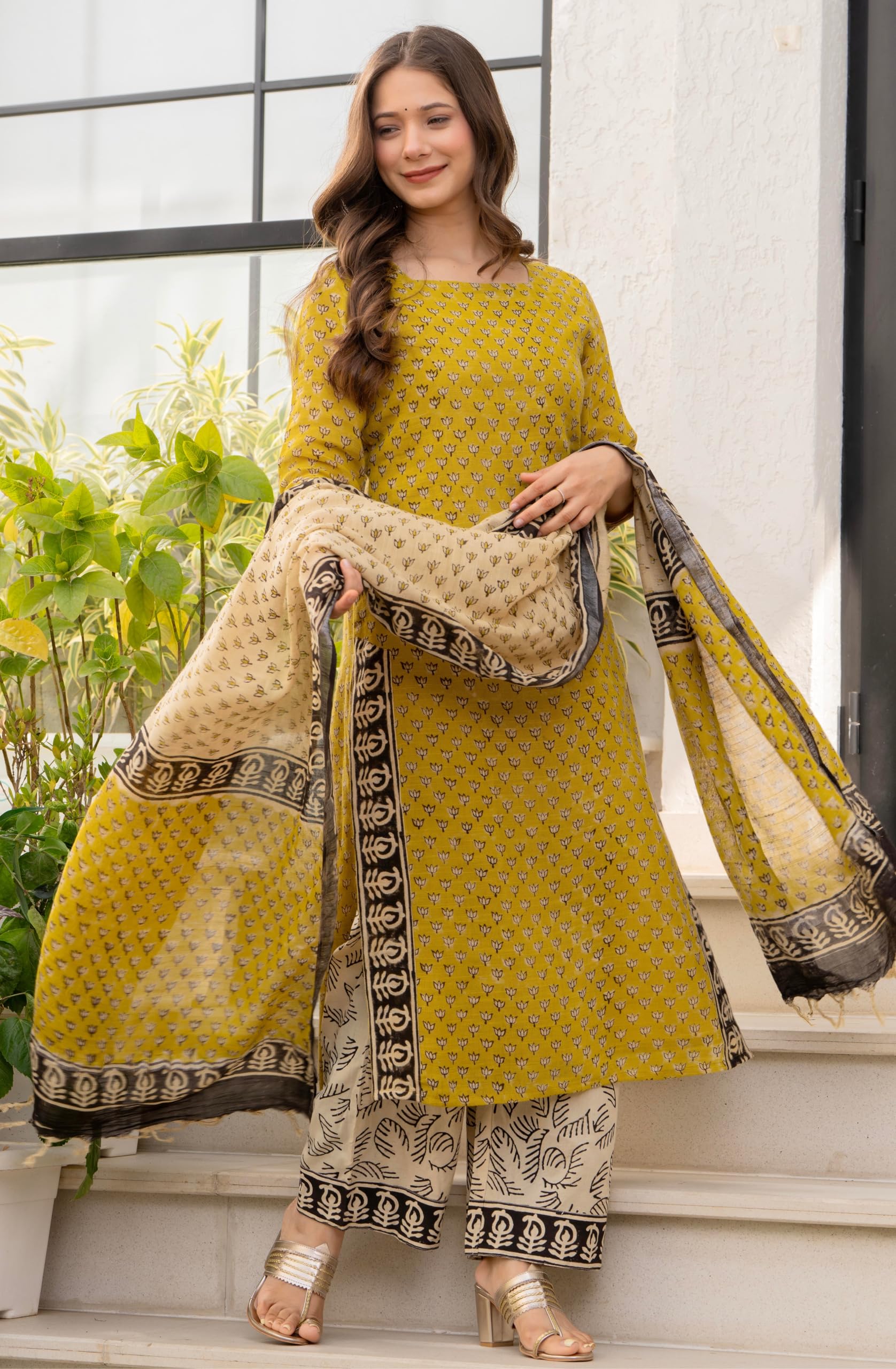 Amayra Women's Pure Cotton Straight Kurta Set with Palazzo Pants & Dupatta|Ethnic wear|Kurta Set for Women(TCK737-N,Yellow,L) 1