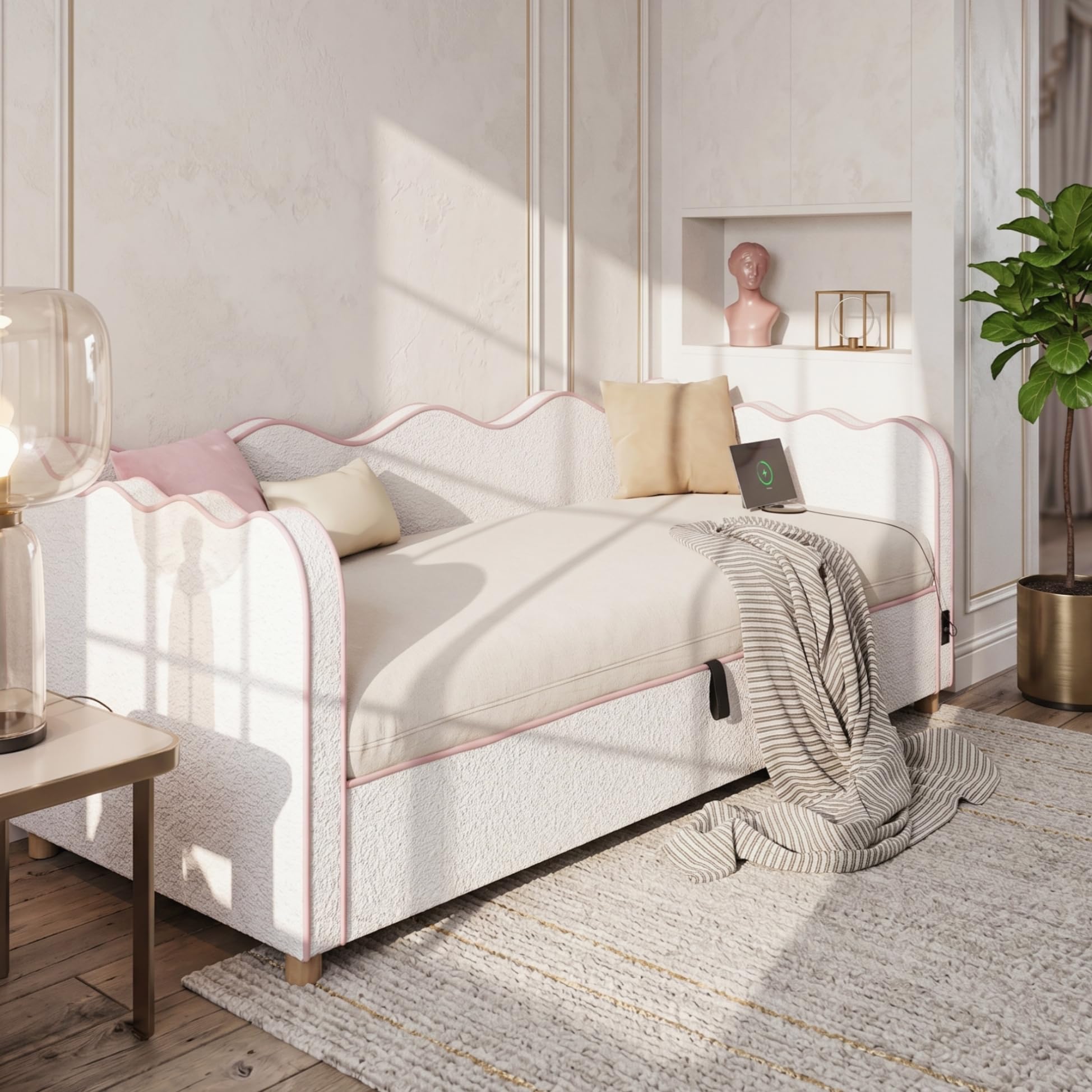 Sofá Cama 90x200 Tapizado Bouclé Cama Canapé sin Colchón Single Bed con Almacenamiento Integrado con Somier de Lamas con Elevación Hidráulica para Dormitorio Beige
