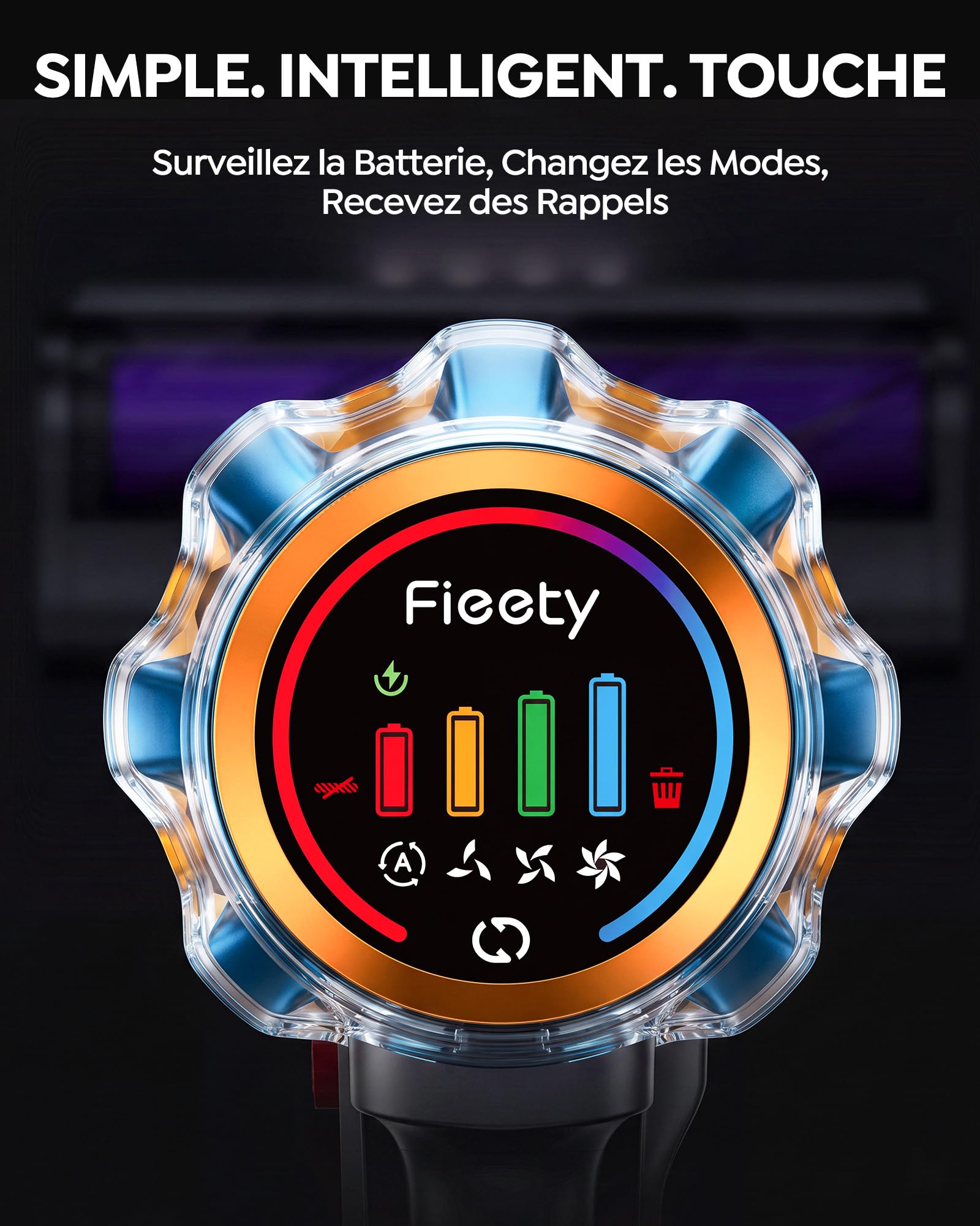 Fieety 80Min/650W/55KPa Aspirateur Balai sans Fil, 1.8L Aspirateur sans Fil Puissant, Batterie Optimisée, Brosse Anti-Enchevêtrement, Écran LED, Rechargeable Support Mural, Parfumé, Sols Durs (Violet)