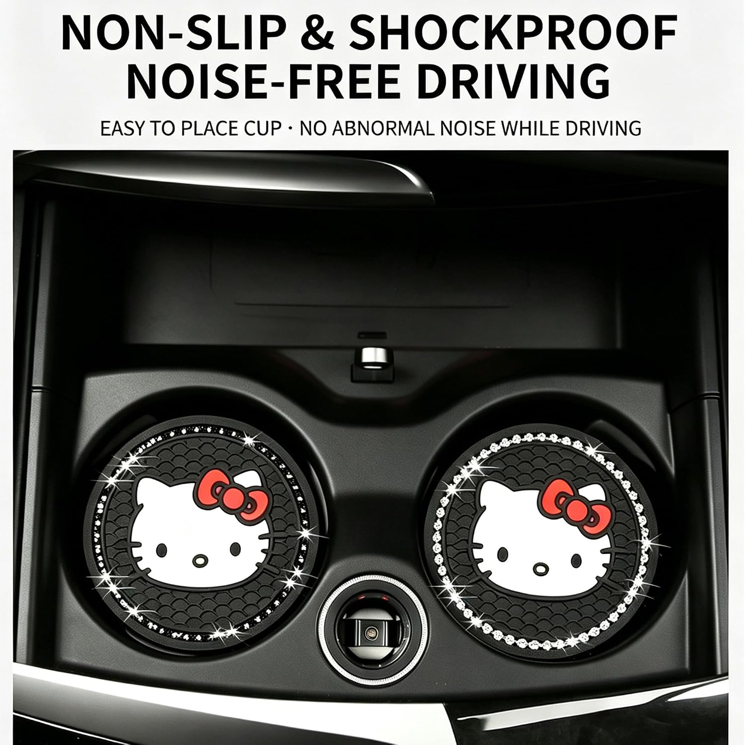 2PCS Cute Kitty Bling Rhinestone Car Cup Holder Coaster, Silicone Non‑Slip Cup Mat, Car Cup Pads, Universal 2.75 Inch Car Interior Decor Accessories for Women Girls, Black image 2