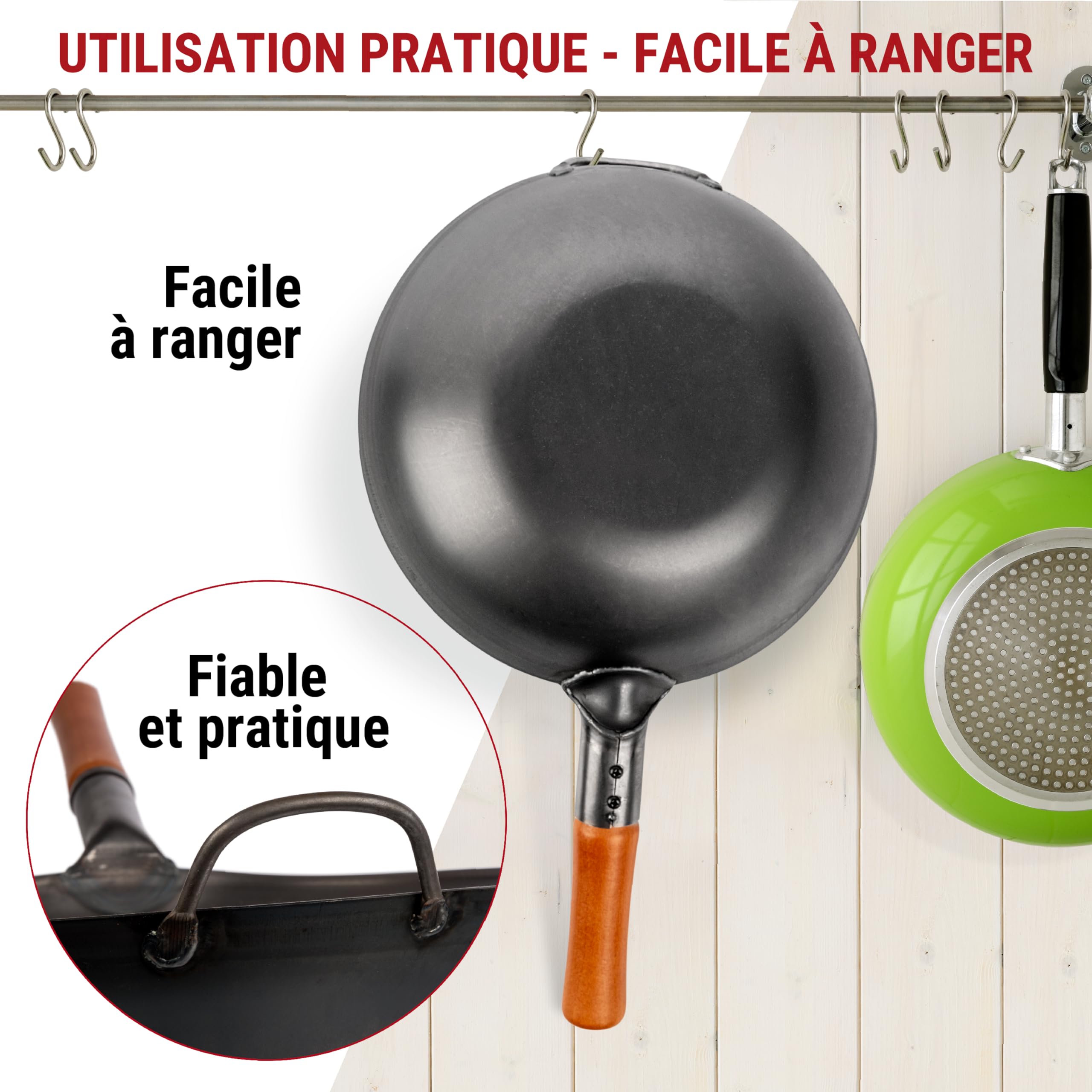 YOSUKATA Woks Et Poêles à Frire 30 cm à Fond Plat Pré-assaisonné Chinois Traditionnel - Wok Acier Carbone Noir Pour Induction, Plaques Électriques, Gaz, Feu Ouvert - Pour Sauté, Barbecue et Camping