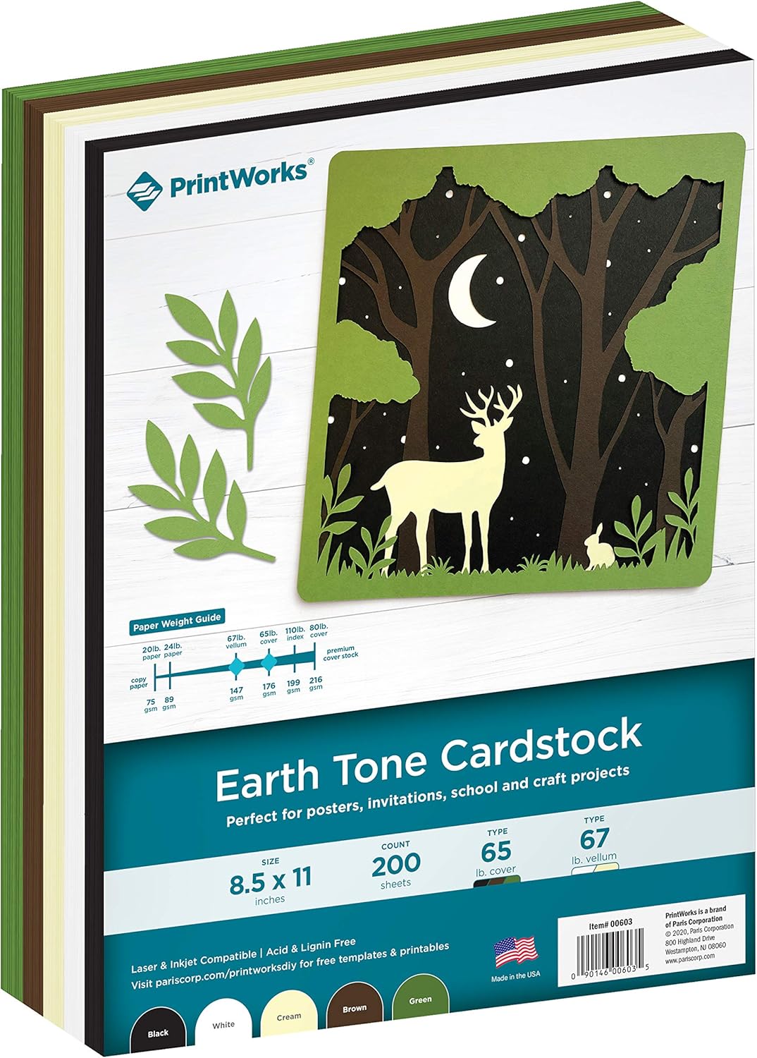 PrintWorks Earth Tones Cardstock Paper 8.5" x 11" - 200 Sheets - 5 Assorted Earth Tone Colors - Ideal for School & Craft Projects - 67 lb/147 gsm & 65 lb/176 gsm - Made in the USA (00603)