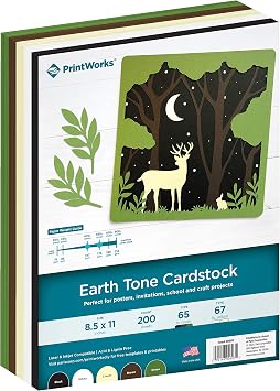 PrintWorks Earth Tones Cardstock Paper 8.5" x 11" - 200 Sheets - 5 Assorted Earth Tone Colors - Ideal for School & Craft Projects - 67 lb/147 gsm & 65 lb/176 gsm - Made in the USA 00603