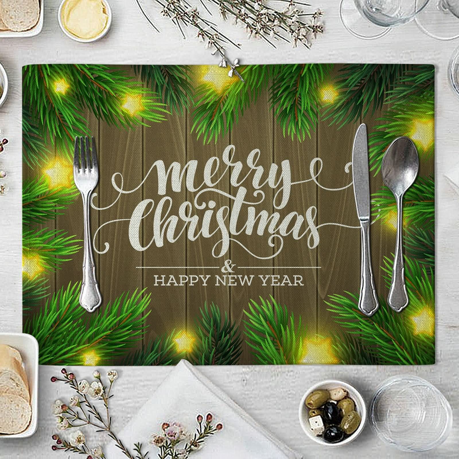 Daesar -- Juego 8 Manteles Individuales,Manteles Individuales Lino Hojas de Pino con Estrellas Merry Christmas & Happy New Year Mantel Individual 42cmx32cm(Verde Amarillo Blanco)