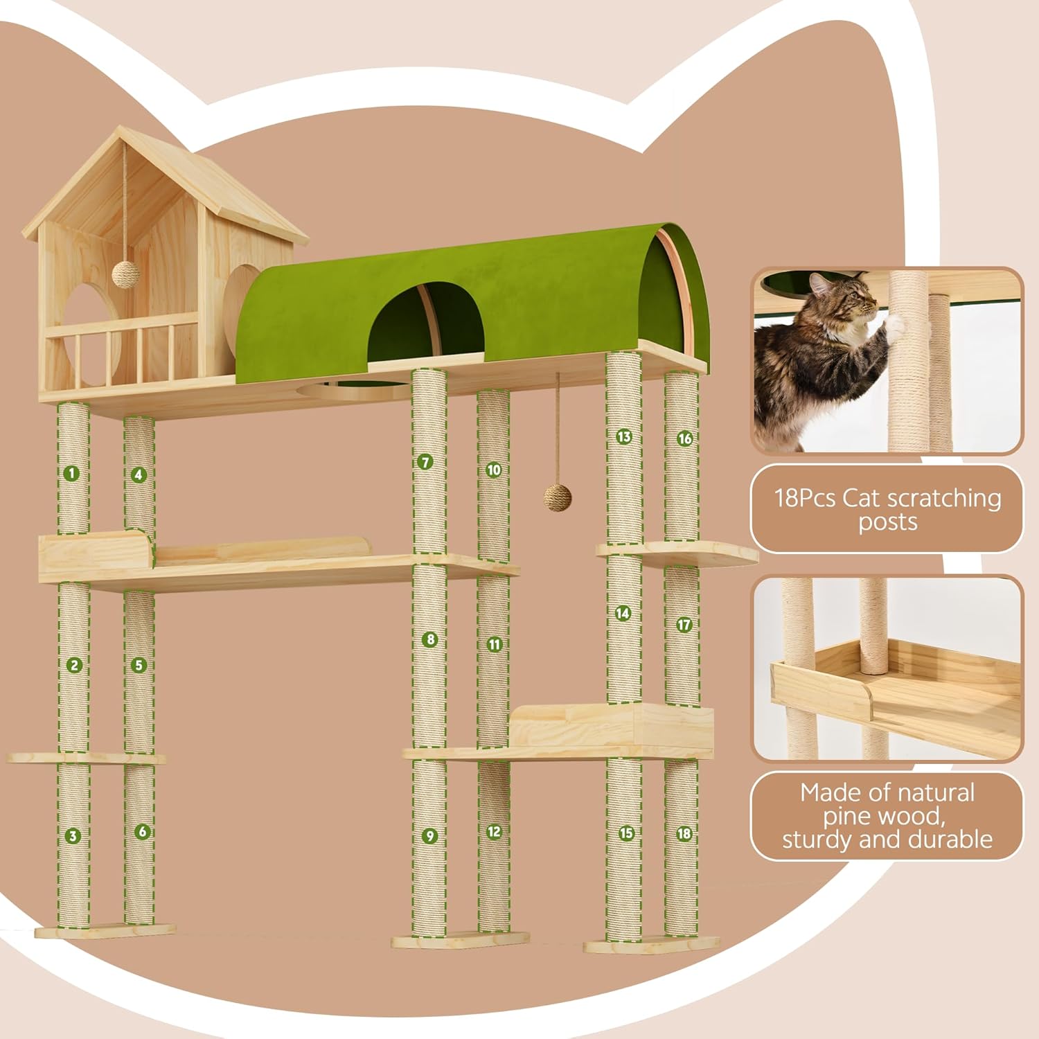 Cat Tree for Automatic Litter Box, 60Inch Large Cat Tower for Heavy Cats up to 22lbs, Solid Wood Cat Shelf with Condo, Space-Saving for Indoor Multi-Pet Households, Stops Furniture Scratching