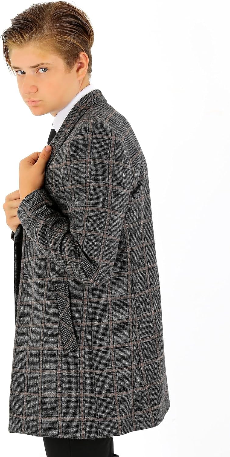 SIRRI Boys Wool Check Tweed Overcoats Slim Fit Mid-Length Coat Jacket