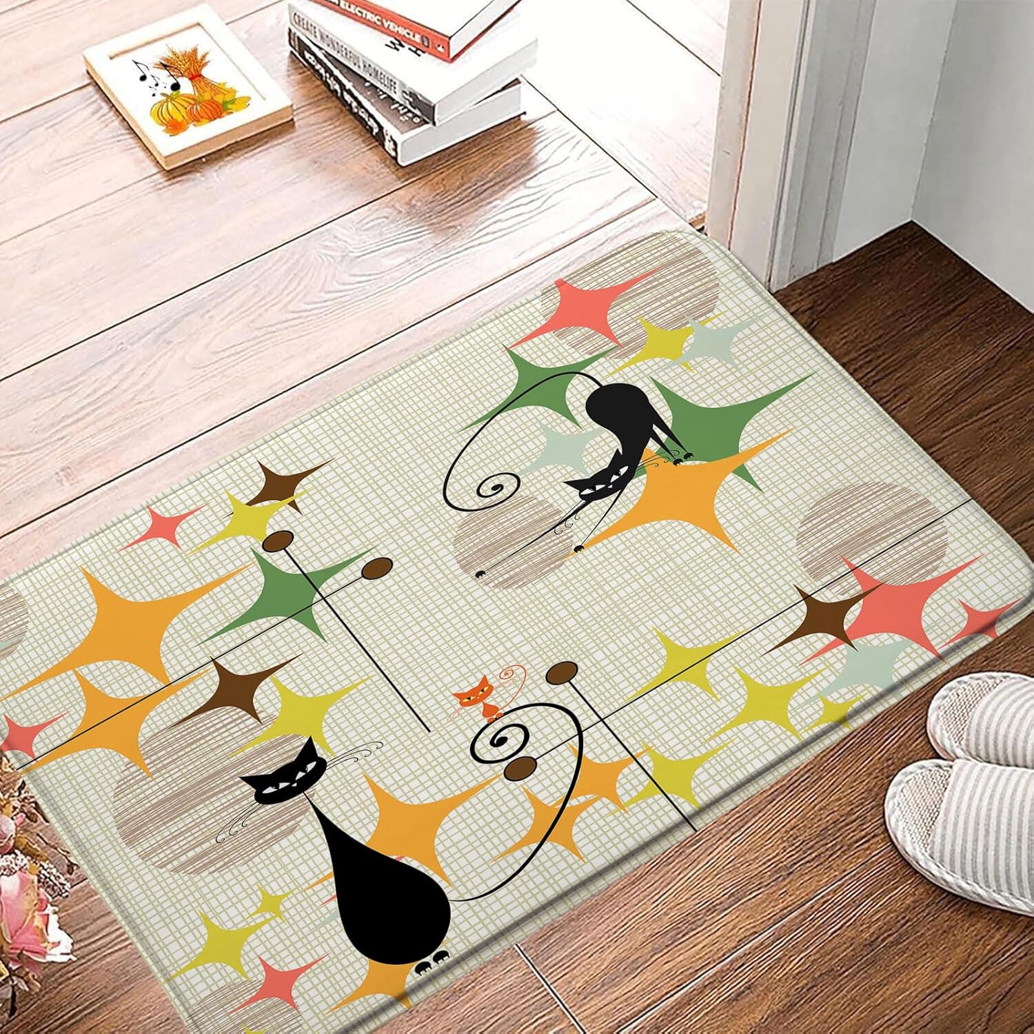Mid Century Atomic Black Cat Bath Mat Retro ​Atomic Stars ​Abstract Iconic Cute Animal 1950s 1960s Vintage Geometric Memory Foam Home Office Door Bathroom Decor Mat,24"x60"